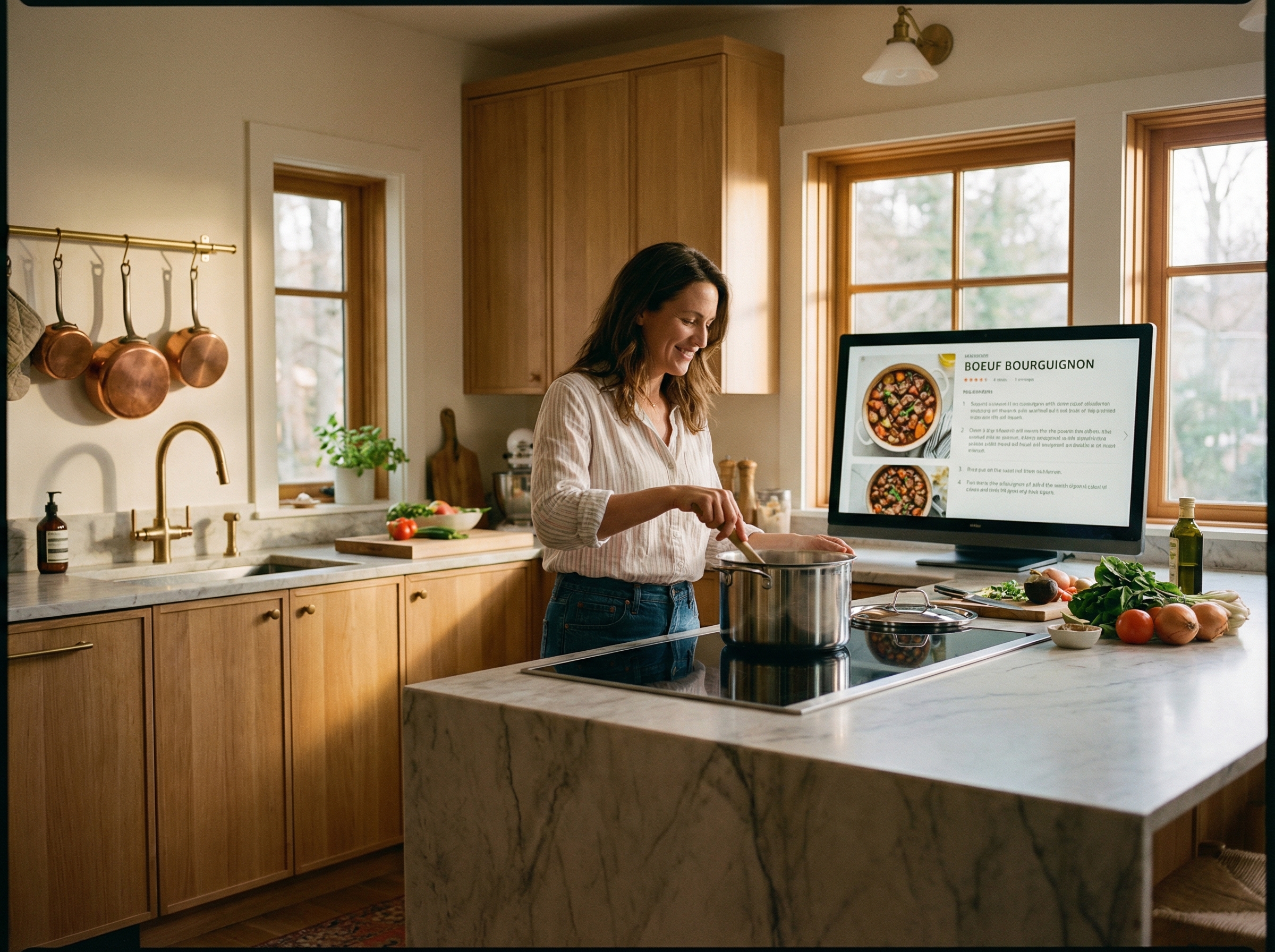A person cooking in a modern kitchen looking at a smart display showing a detailed recipe, warm atmosphere, high quality photography, 4:3, no text