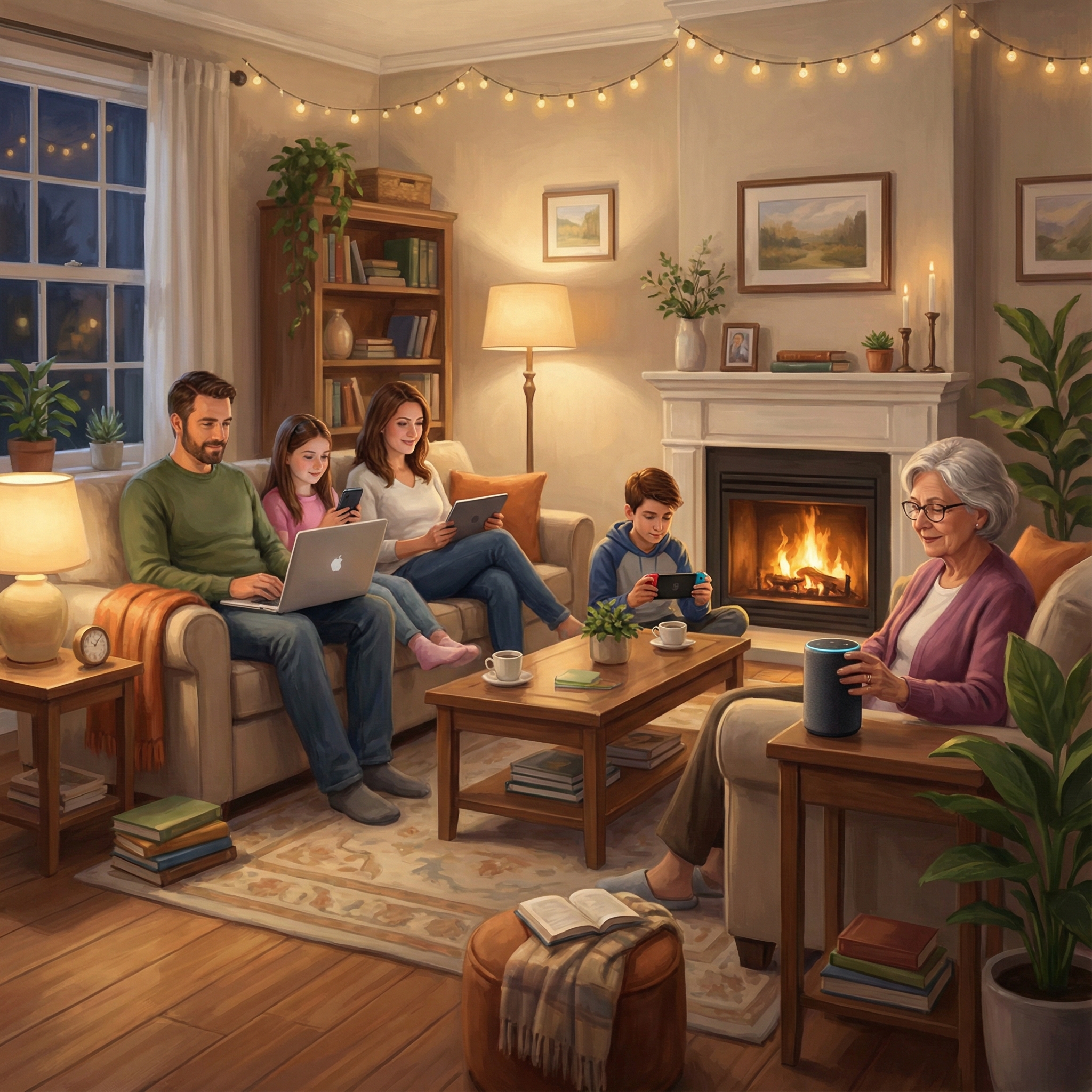 A cozy living room with a family using various smart devices, soft lighting, realistic digital art style, 1:1, no text