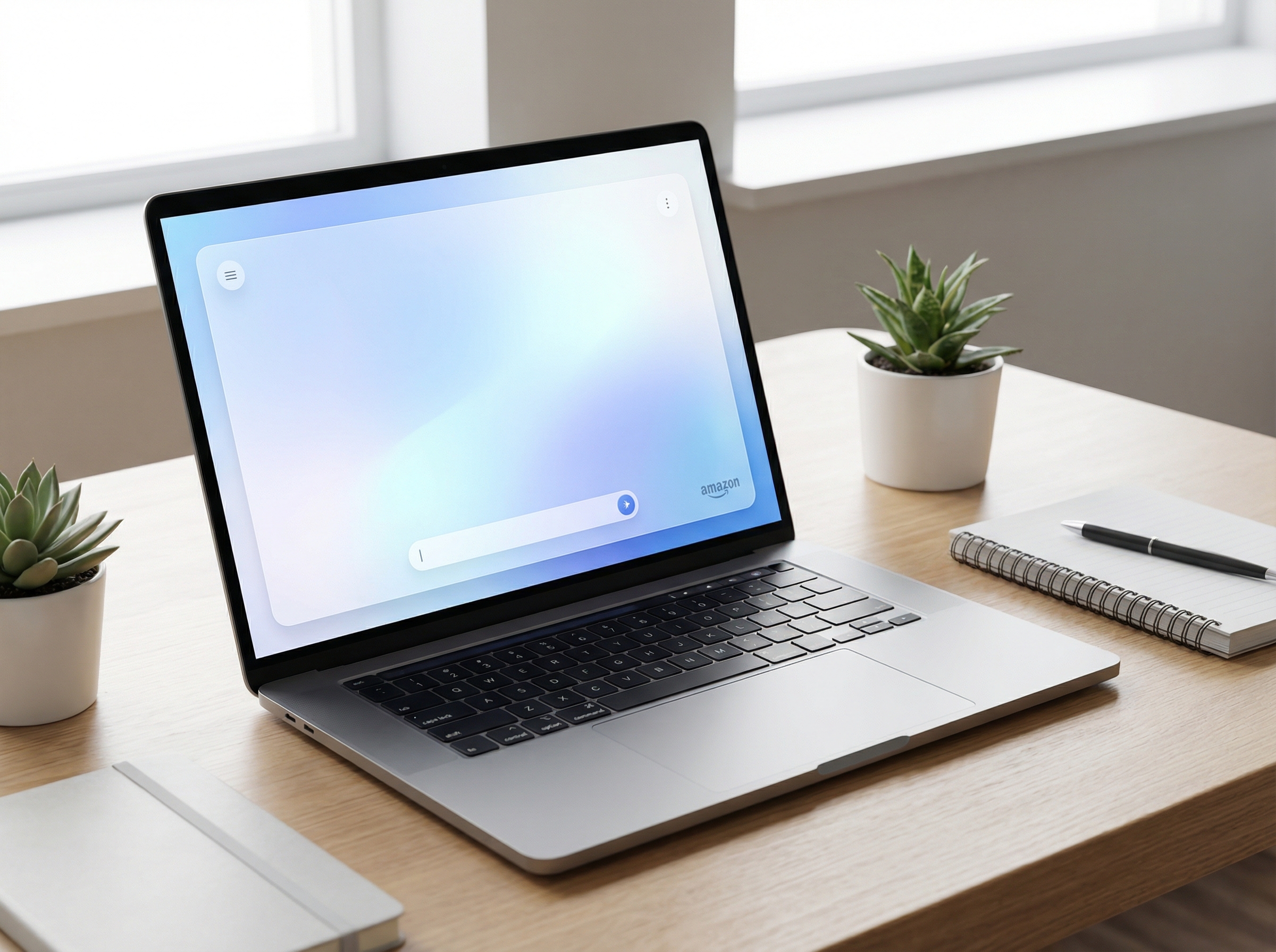 A modern laptop displaying a sleek AI assistant web interface on the screen with subtle Amazon branding minimalist desk setup 4:3 aspect ratio no text