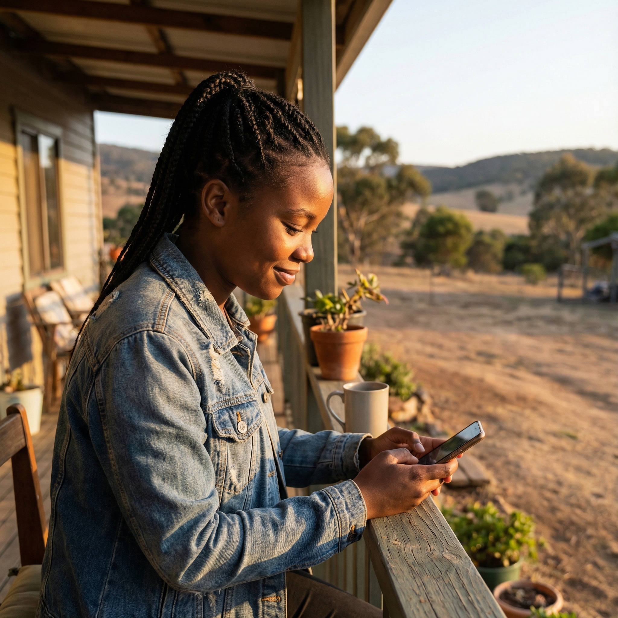 A young African person sitting on a porch at sunset, holding a smartphone and looking relieved while typing, soft golden hour lighting, natural setting, high quality photography, 1:1 aspect ratio, no text
