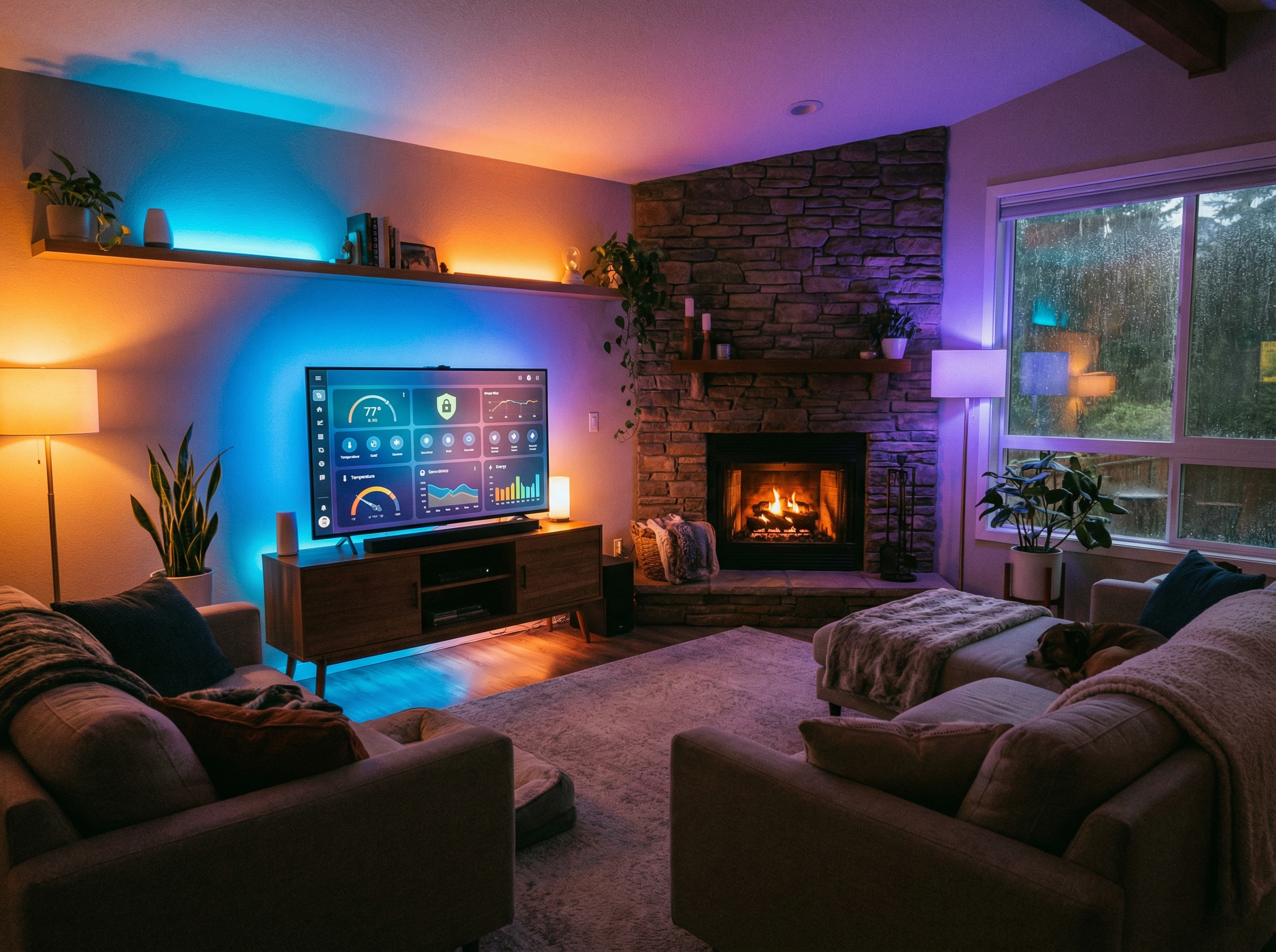 A cozy smart home living room at night with various smart lights and a digital dashboard on a screen showing home controls 4:3 aspect ratio no text