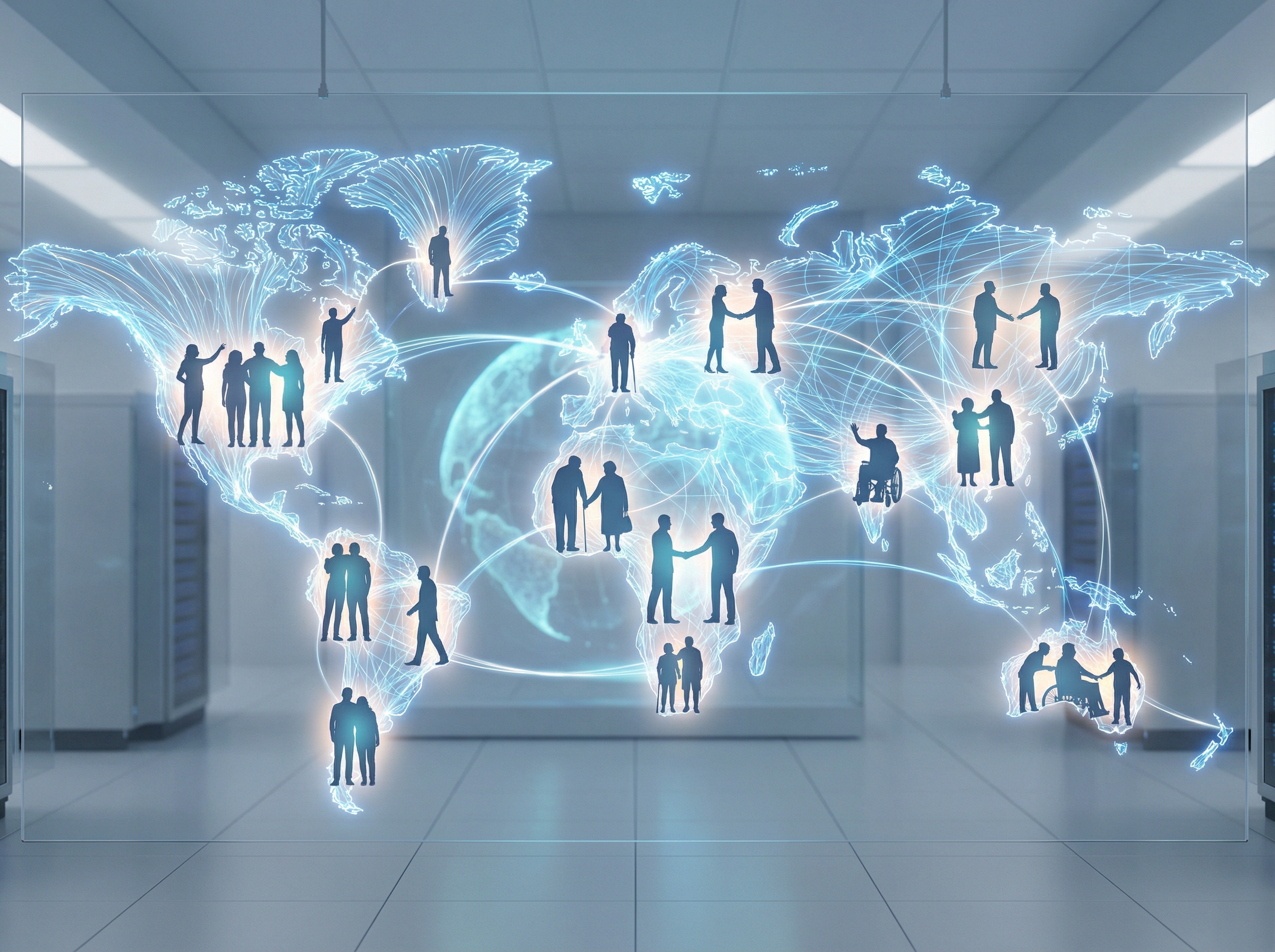 Global map silhouette made of glowing fiber optic lines connecting diverse people silhouettes, representing digital mental health support, modern and hopeful atmosphere, clean layout, 4:3 aspect ratio, no text