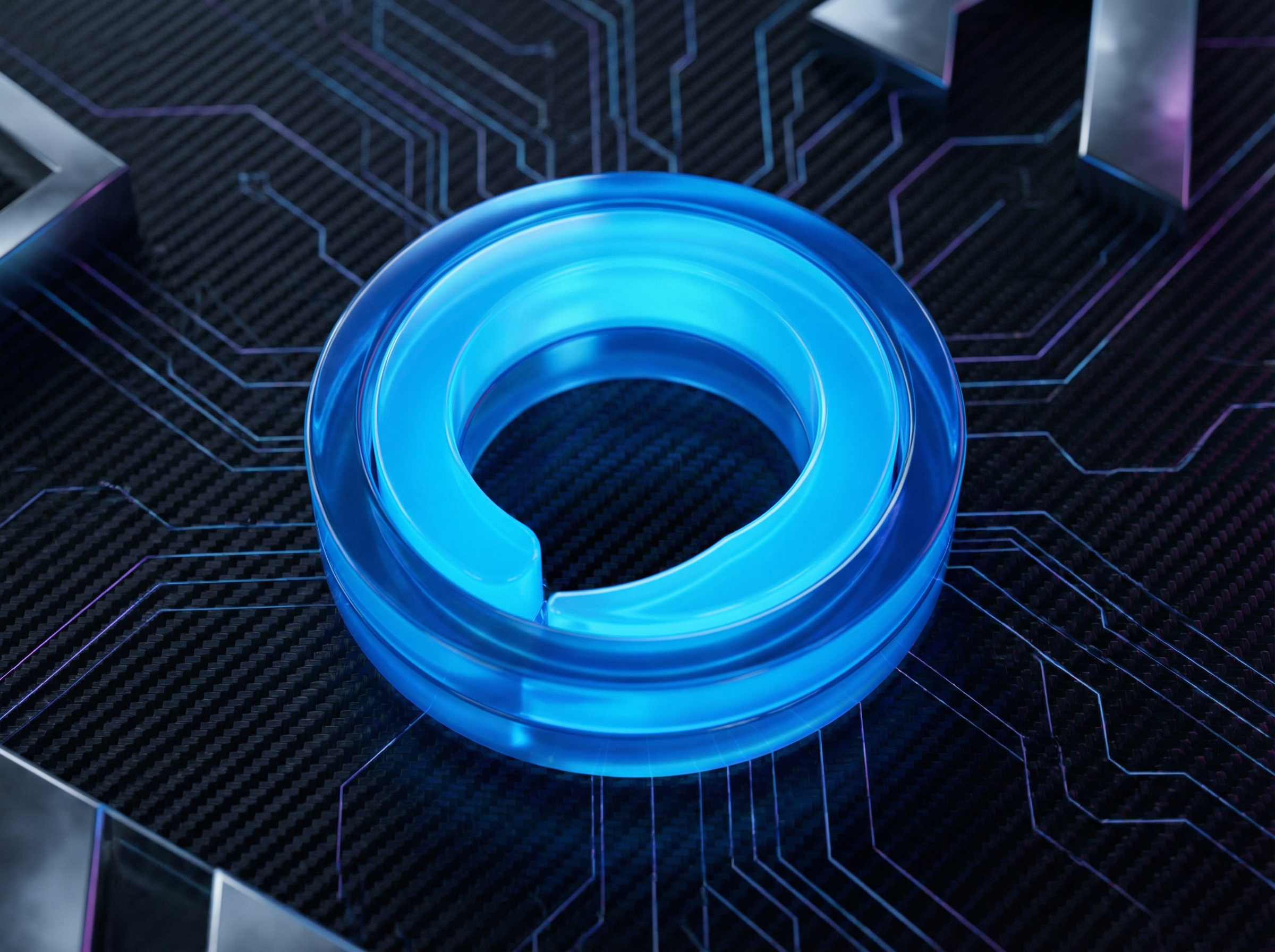 A high quality 3D render of the Amazon Alexa logo glowing softly on a dark textured background futuristic tech atmosphere 4:3 aspect ratio no text