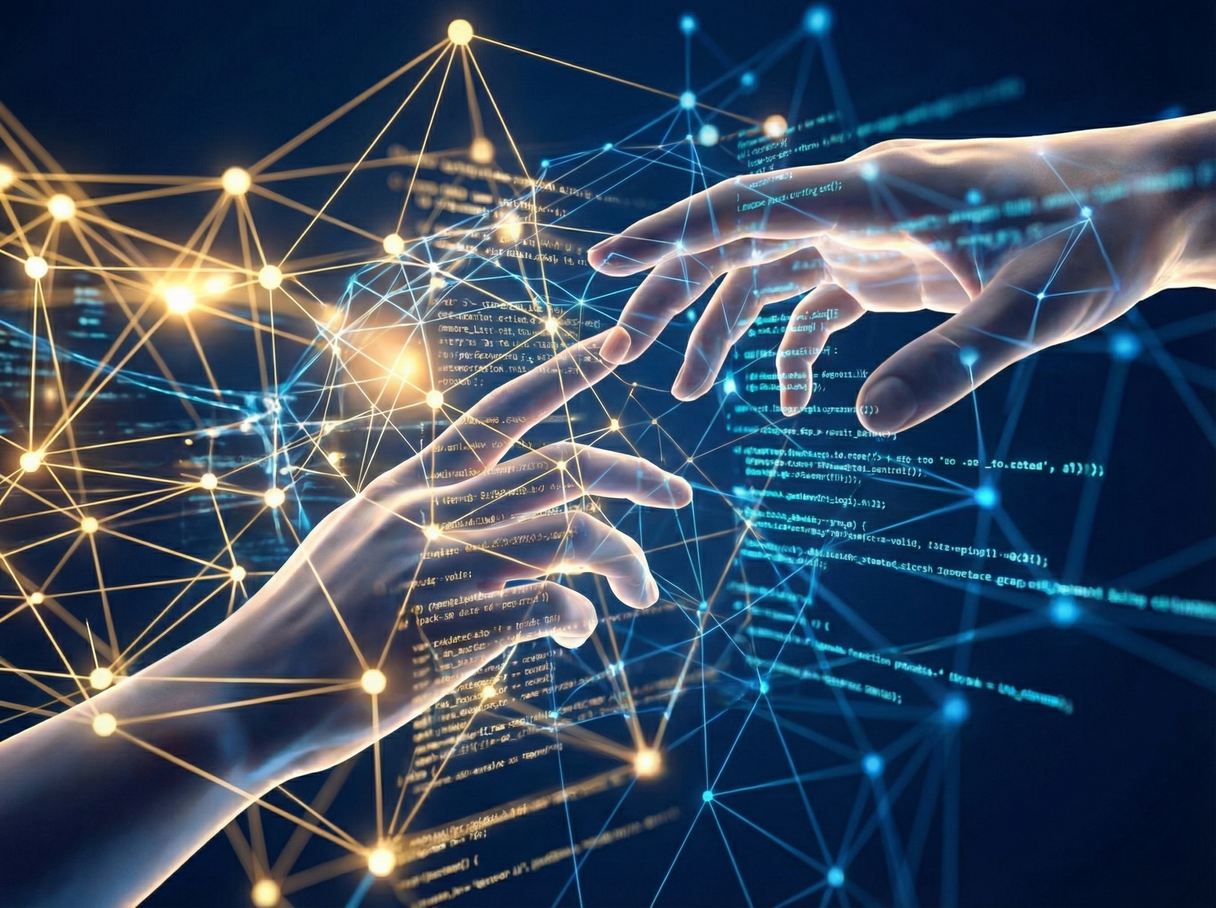 A conceptual illustration of human hands interacting with a glowing digital neural network and lines of code, modern layout with high contrast, deep blue and gold tones, 4:3 aspect ratio, no text