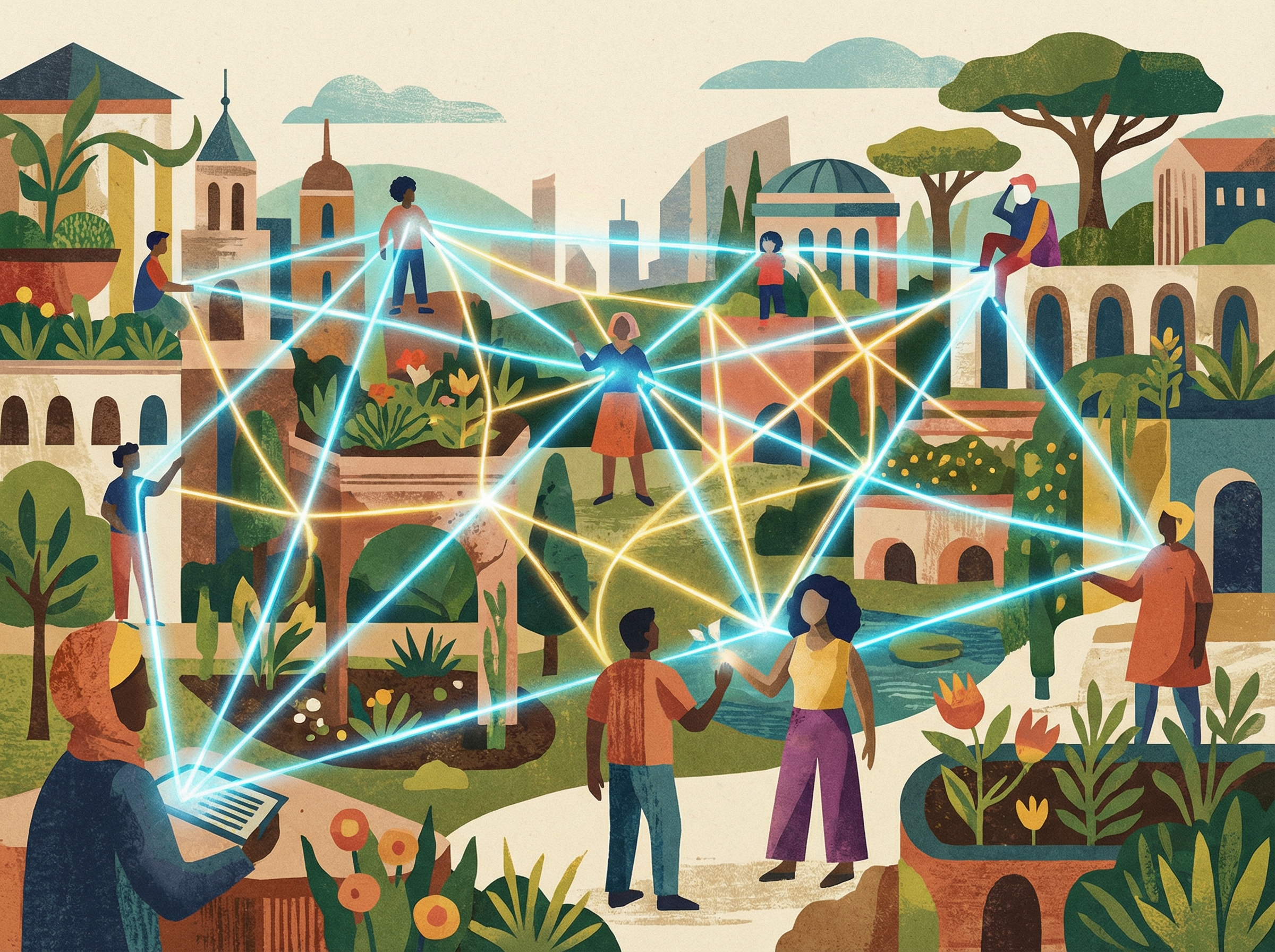 A stylized illustration representing digital equality, showing diverse people connected by glowing lines of light in a harmonious urban landscape, textured artistic background, 4:3 aspect ratio, no text