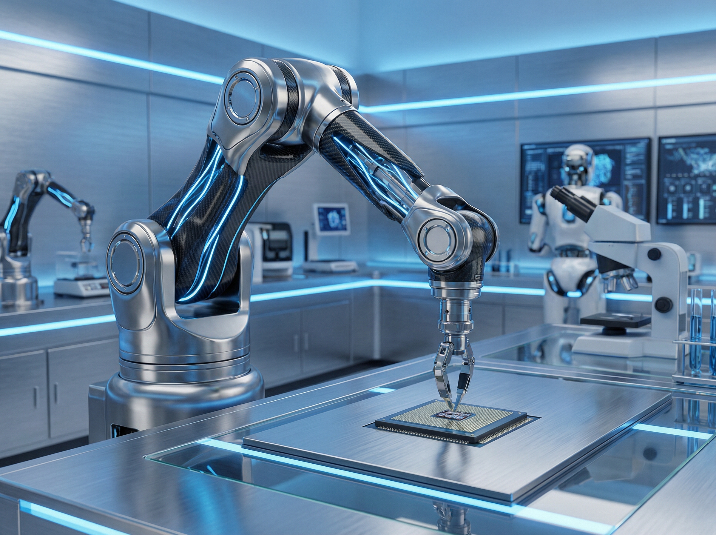 A sophisticated robotic arm performing a precise task in a futuristic laboratory setting with glowing blue highlights and sleek metallic surfaces, 4:3 aspect ratio, no text.