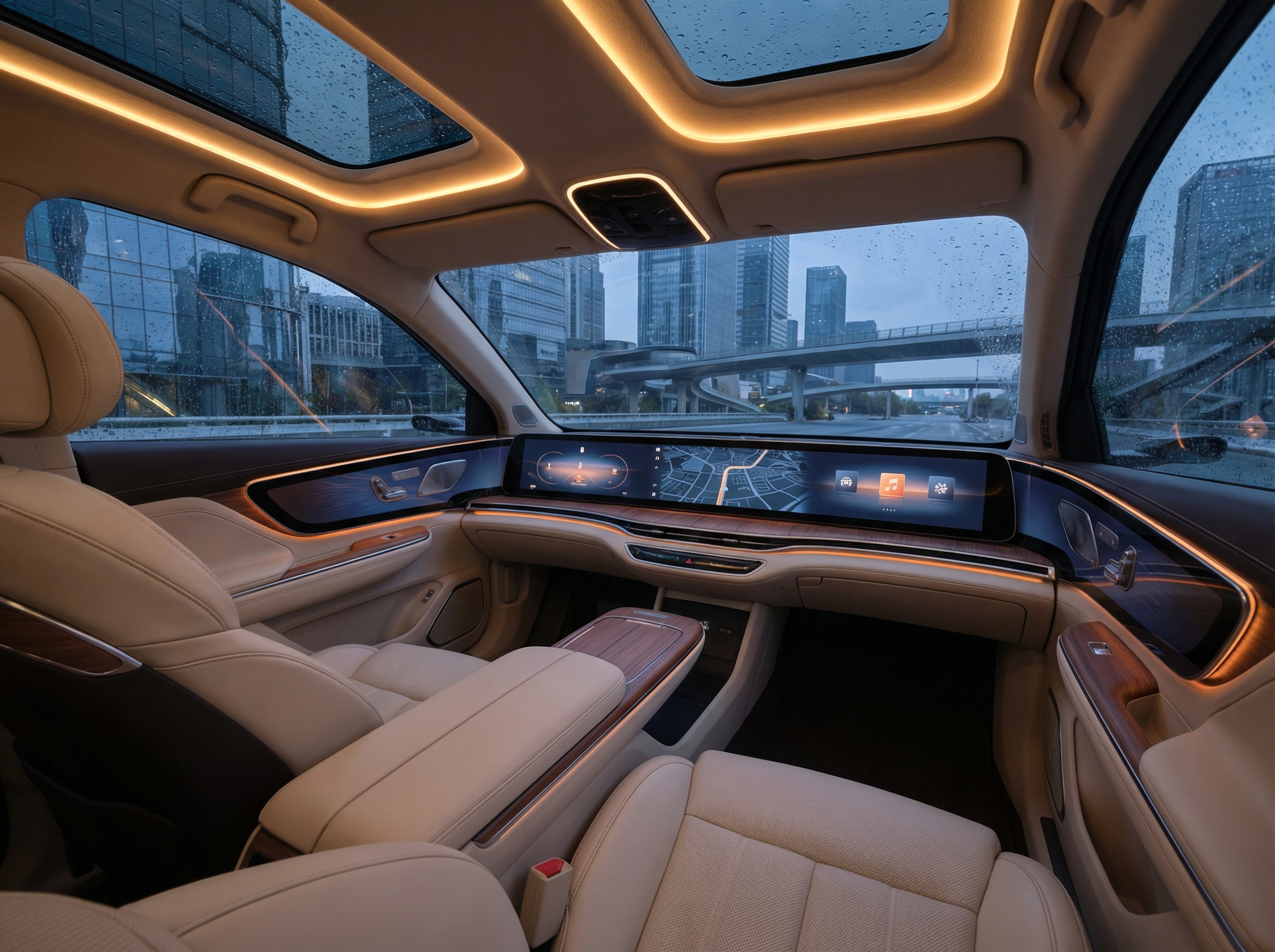 Inside a futuristic autonomous vehicle with a large wrap-around digital dashboard, luxurious seating, and a warm ambient lighting interior, showing a view of a city through the window, 4:3 aspect ratio, no text.