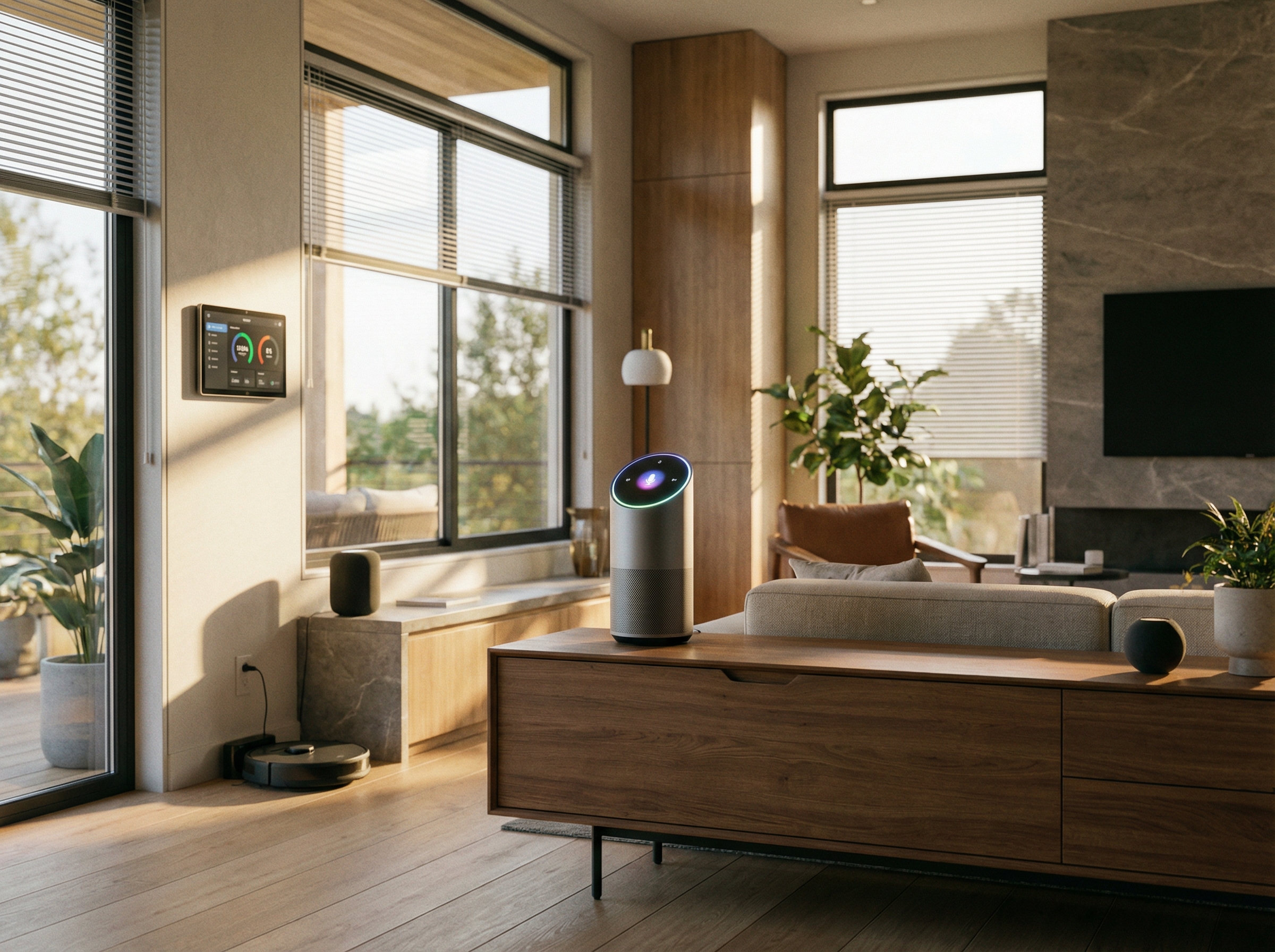 A modern smart home living room with interconnected devices, a sleek voice assistant hub, and warm natural light filtering through large windows, 4:3 aspect ratio, no text.