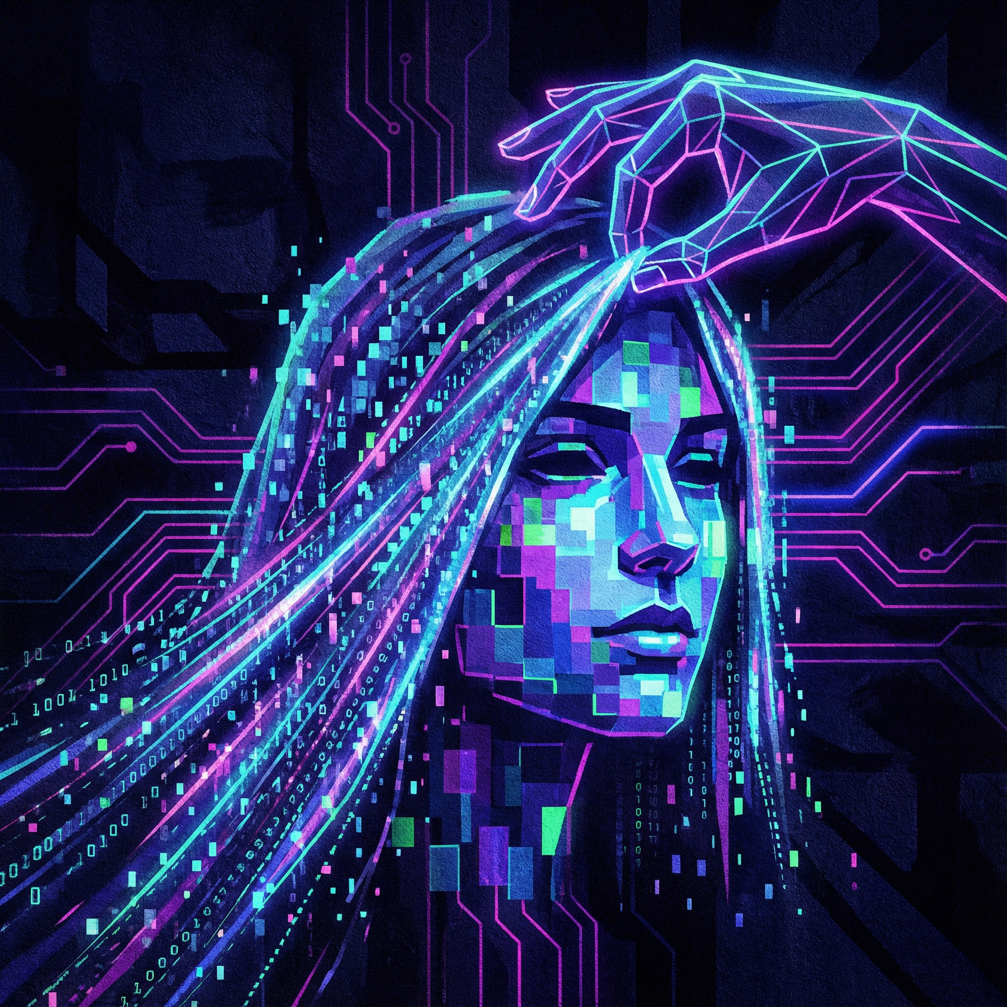 A stylized artistic rendering of a digital veil being lifted from a pixelated face. Deep shadows and vibrant neon lines on a textured dark background. No text visible. Aspect ratio 1:1.