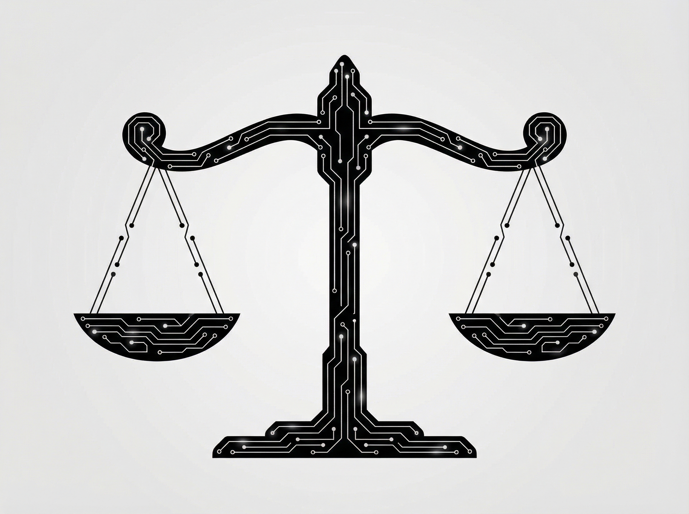 A minimalist infographic-style illustration of a scales of justice icon integrated with a digital circuit pattern. High contrast with a light gray background. No text visible. Aspect ratio 4:3.