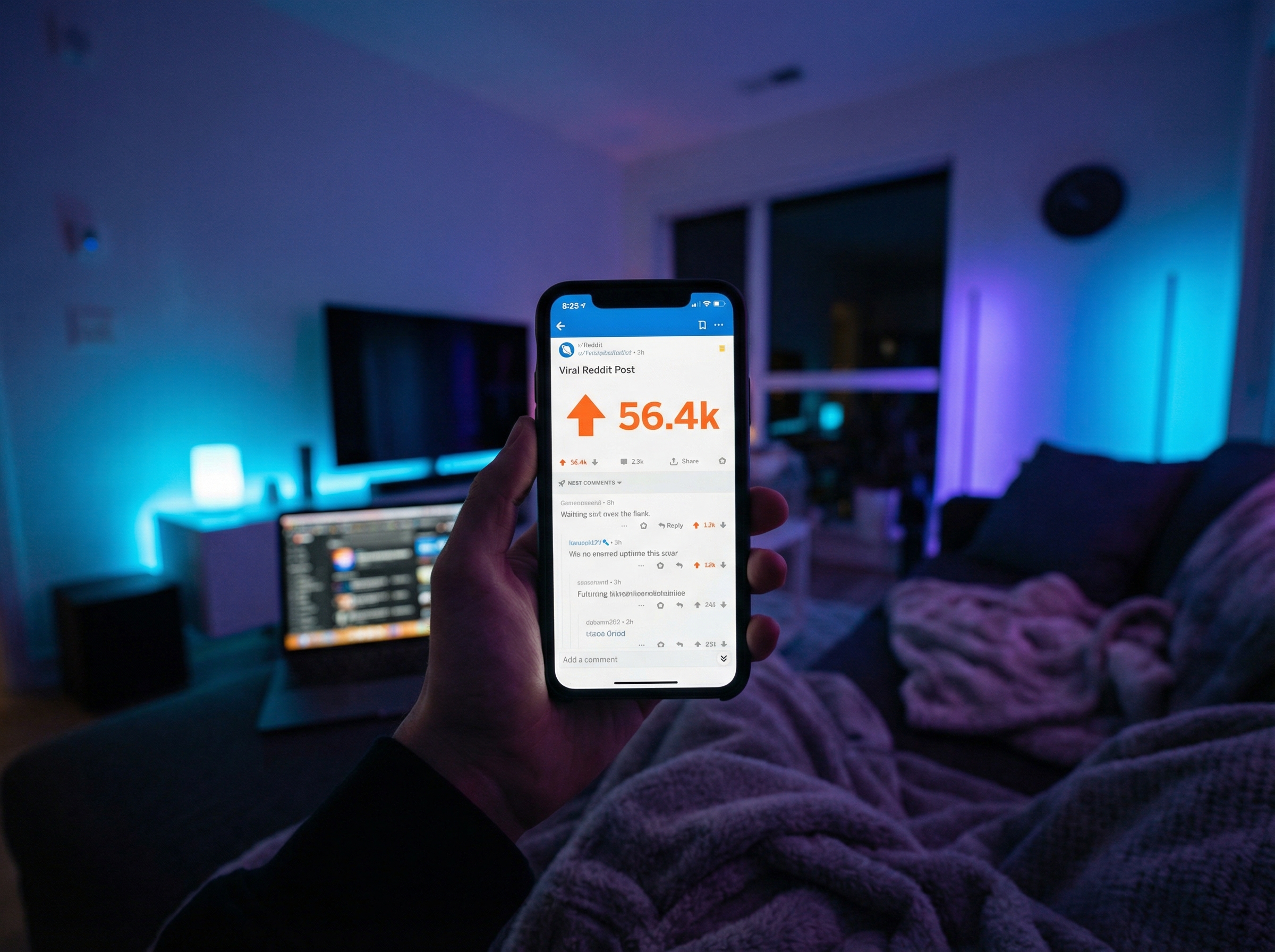 A smartphone displaying a viral Reddit post with many upvotes, held by a person in a dimly lit room, modern digital atmosphere, 4:3, no text