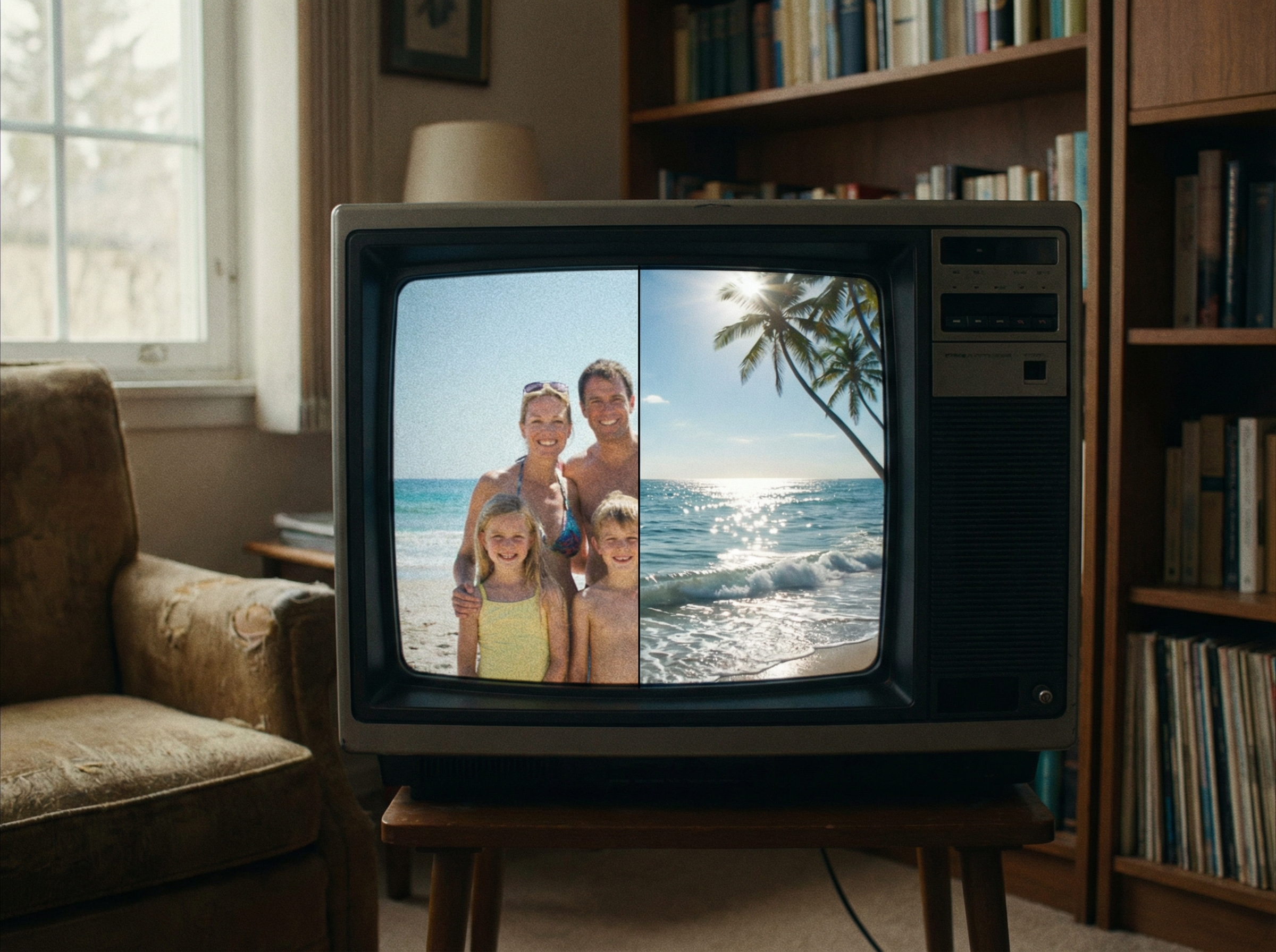 A split screen effect on a television. On the left, a static family photo at a beach. On the right, the same scene but animated with moving waves and sun glint, created by AI. Realistic home interior, 4:3 aspect ratio, no text.