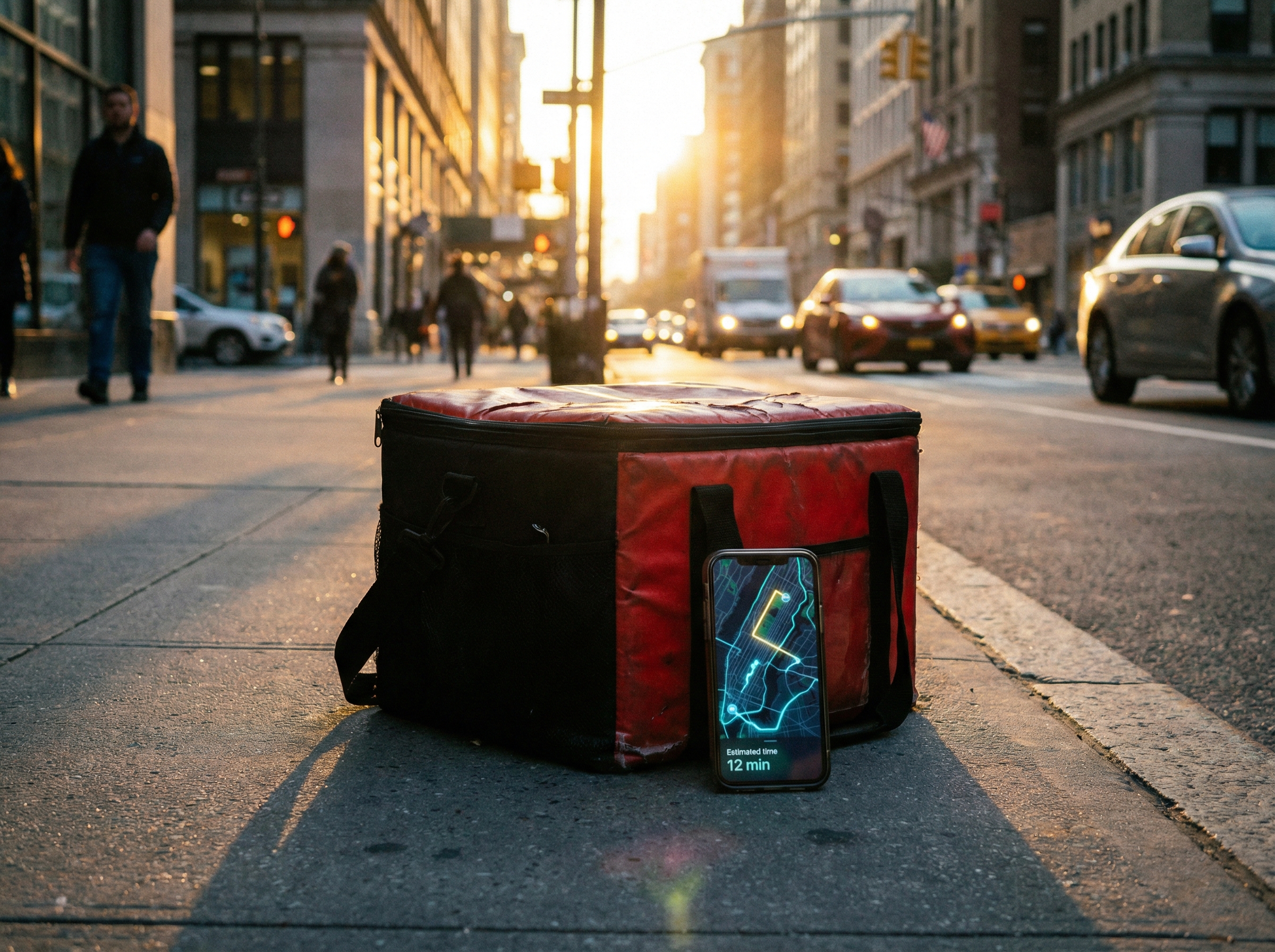 A delivery thermal bag sitting on a sidewalk next to a smartphone with a map app open, sunset lighting, urban city background, 4:3, no text