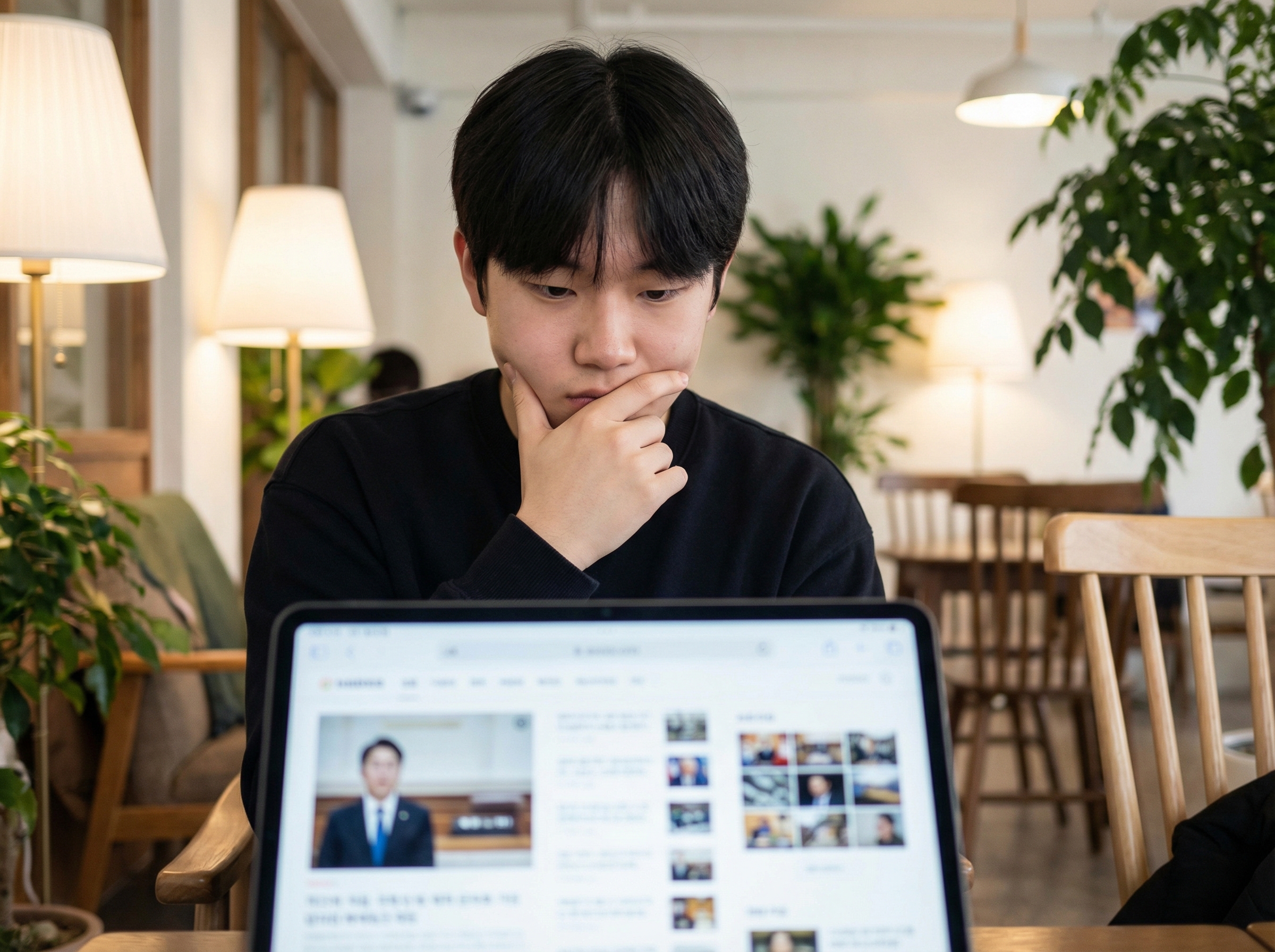 A young Korean person looking thoughtfully at a tablet screen displaying various news layout, soft indoor lighting, natural setting, 4:3, no text