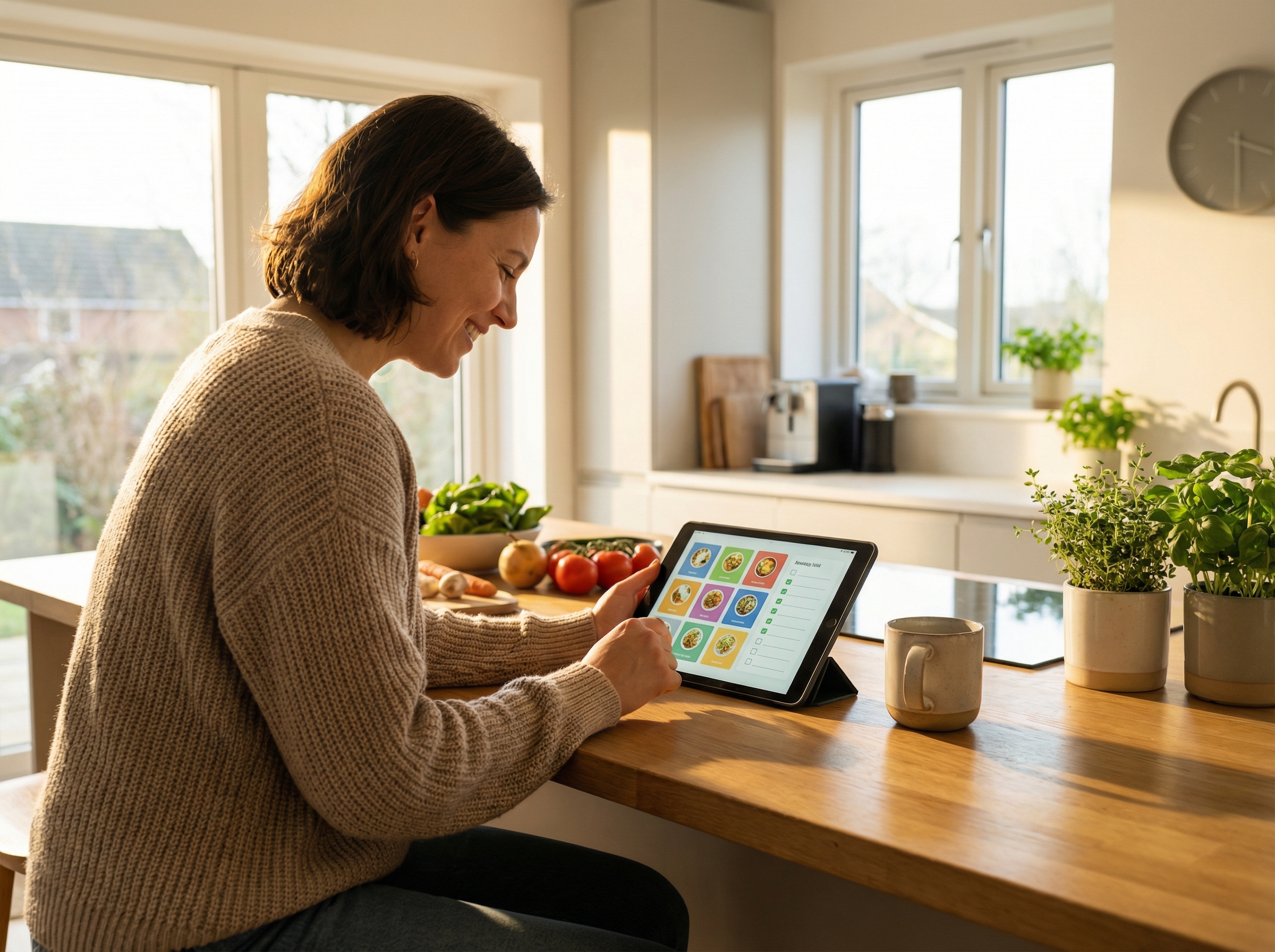 A person in a modern bright kitchen using a tablet to organize a weekly meal plan and grocery list. Sunlight streaming through the window, cozy atmosphere, high quality lifestyle photography, 4:3 aspect ratio, no text.