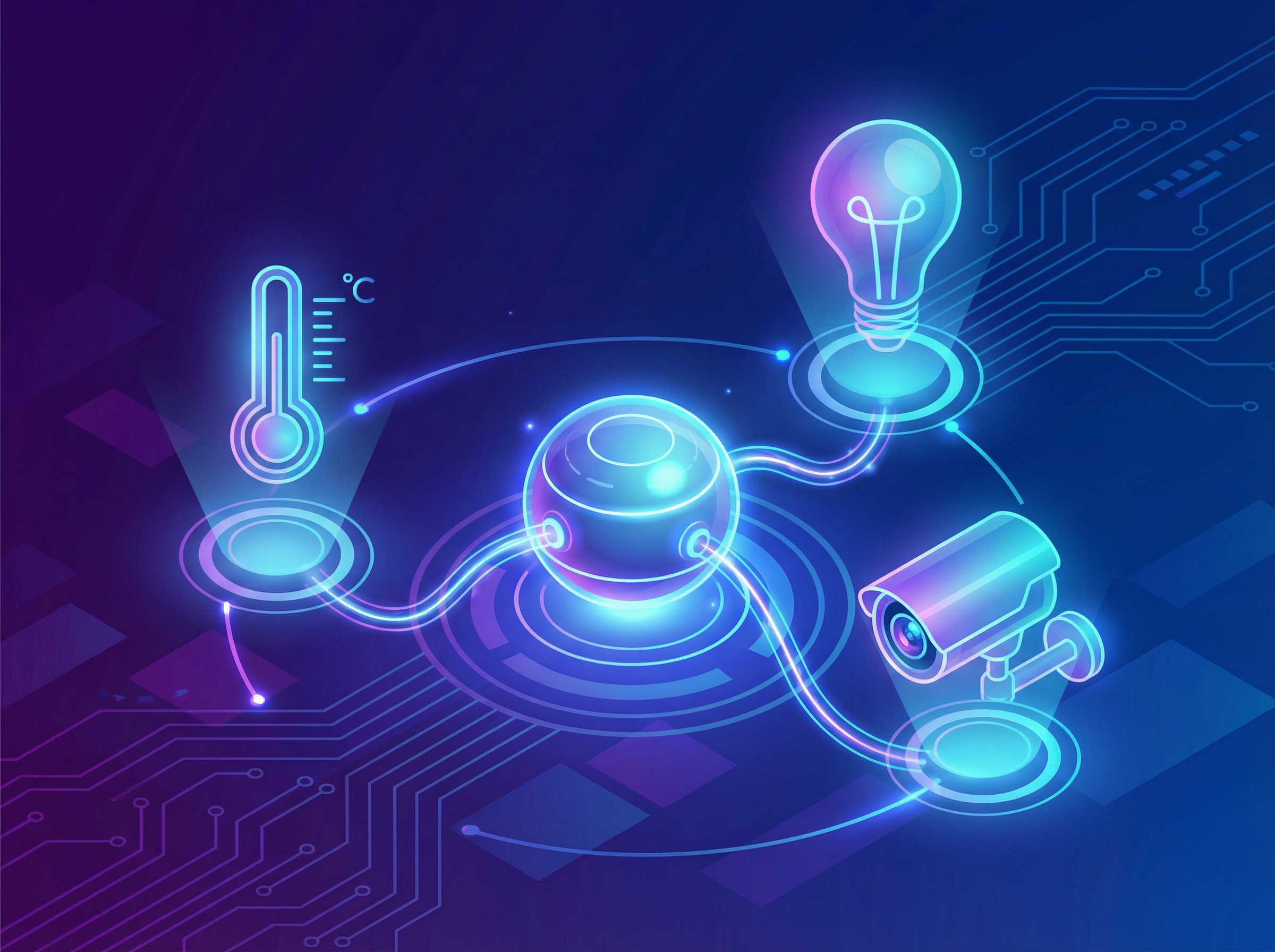 Modern smart home concept illustration with glowing icons of a thermostat, light bulb, and security camera connected to a central hub. Deep blue and purple gradient background, futuristic and clean design, 4:3 aspect ratio, no text.