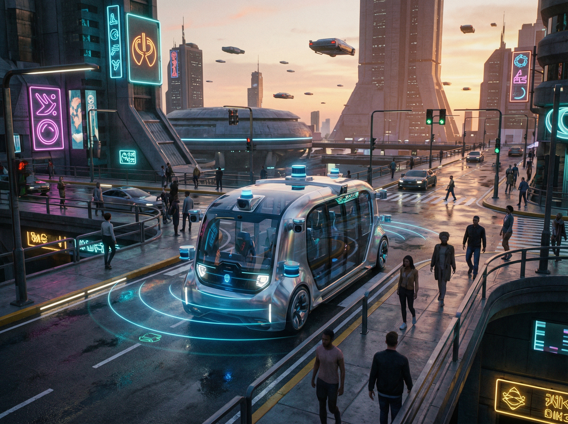A futuristic autonomous vehicle navigating a complex urban intersection with pedestrians and neon signs at dusk, high-tech sensors glowing, cinematic lighting, realistic style, 4:3 aspect ratio, no text.