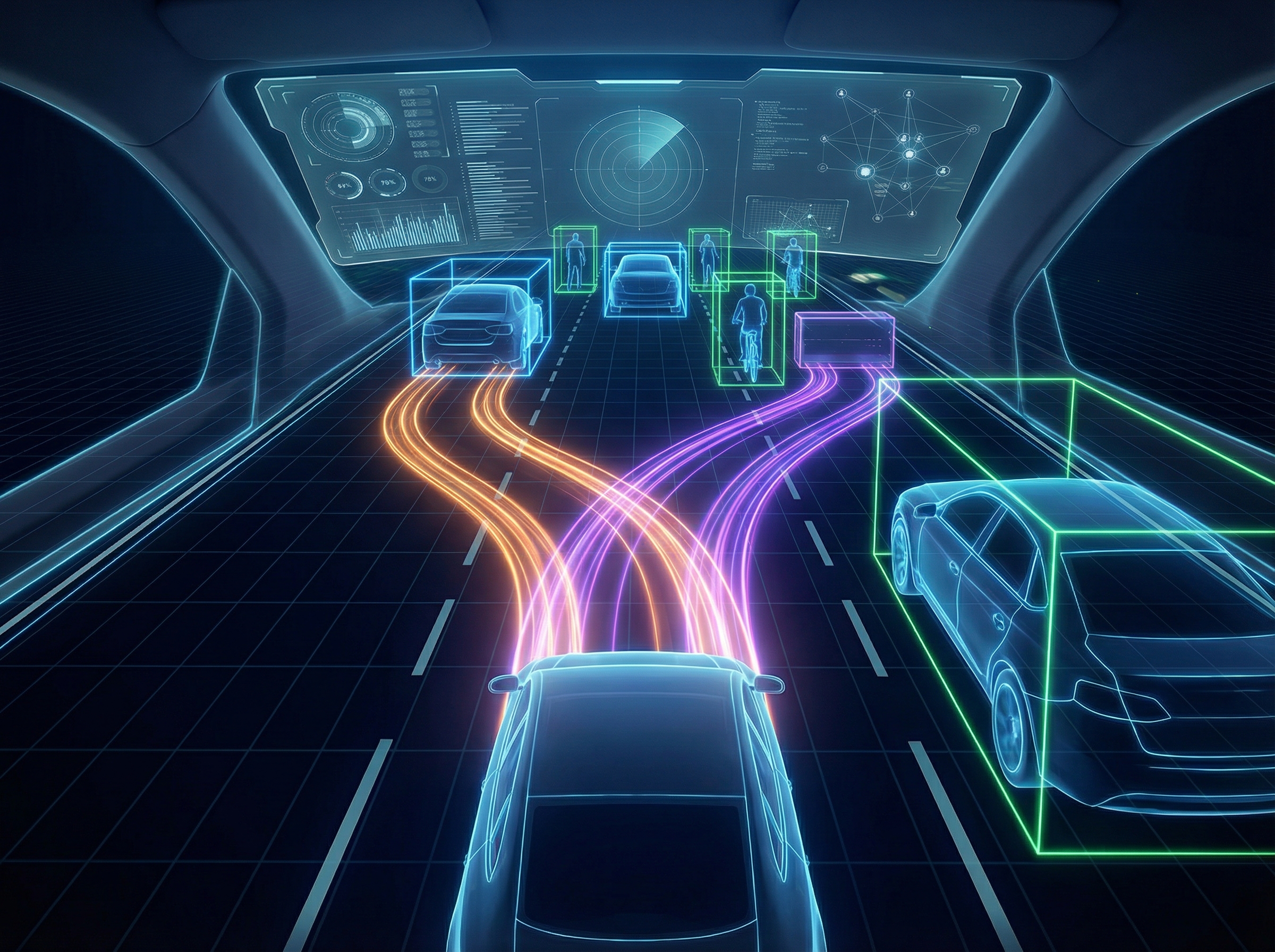 Clean infographic showing a vehicle's AI perception system analyzing road objects and predicting safety paths with glowing lines and bounding boxes, modern tech interface, high contrast, 4:3 aspect ratio, no text.