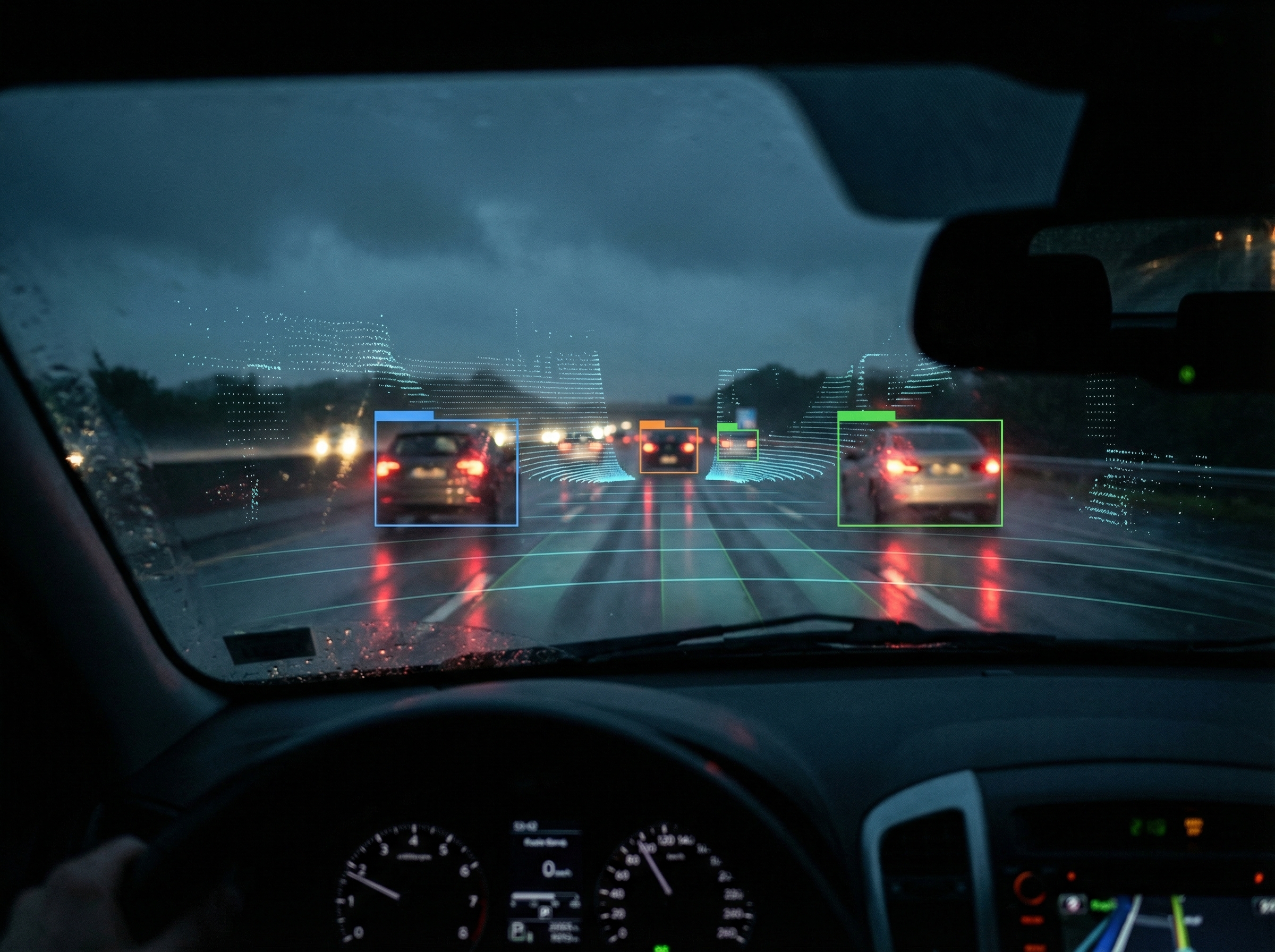 High-fidelity simulation of a car driving on a rainy highway at night, realistic reflections on wet asphalt, detailed sensor visualization overlays, cinematic atmosphere, 4:3 aspect ratio, no text.