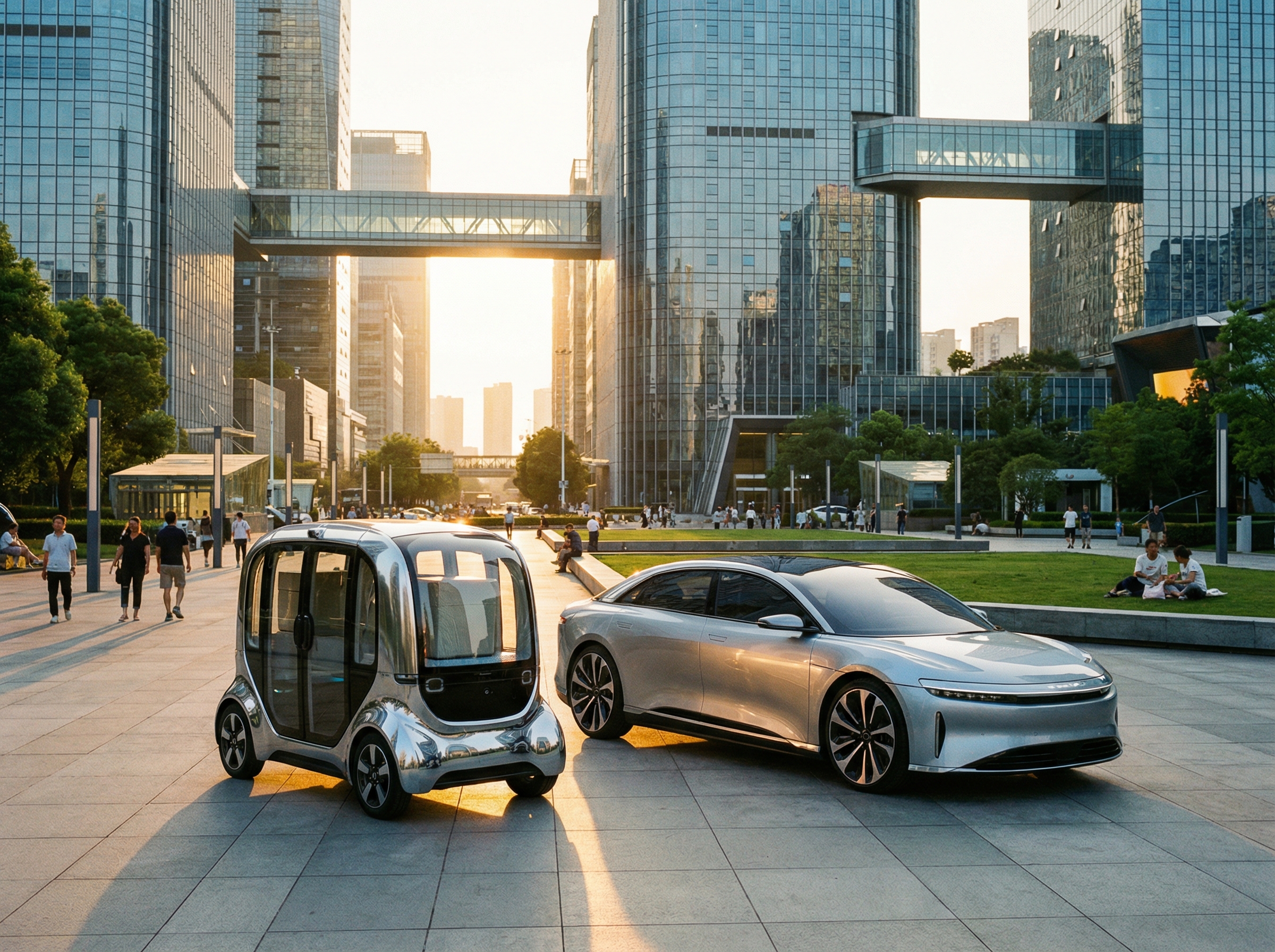 A sleek autonomous delivery robot and a self-driving car side by side in a futuristic smart city plaza, sunset lighting, people in background, professional photography style, 4:3 aspect ratio, no text.