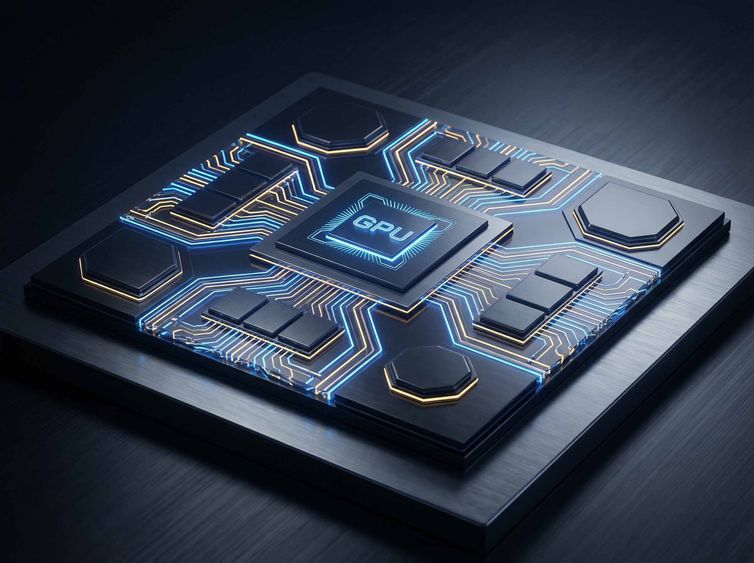 A high-tech, futuristic semiconductor chip architecture with glowing blue and gold circuits, showing a central GPU surrounded by interconnected specialized units, sleek professional presentation style, cinematic lighting, 4:3 aspect ratio, no text.