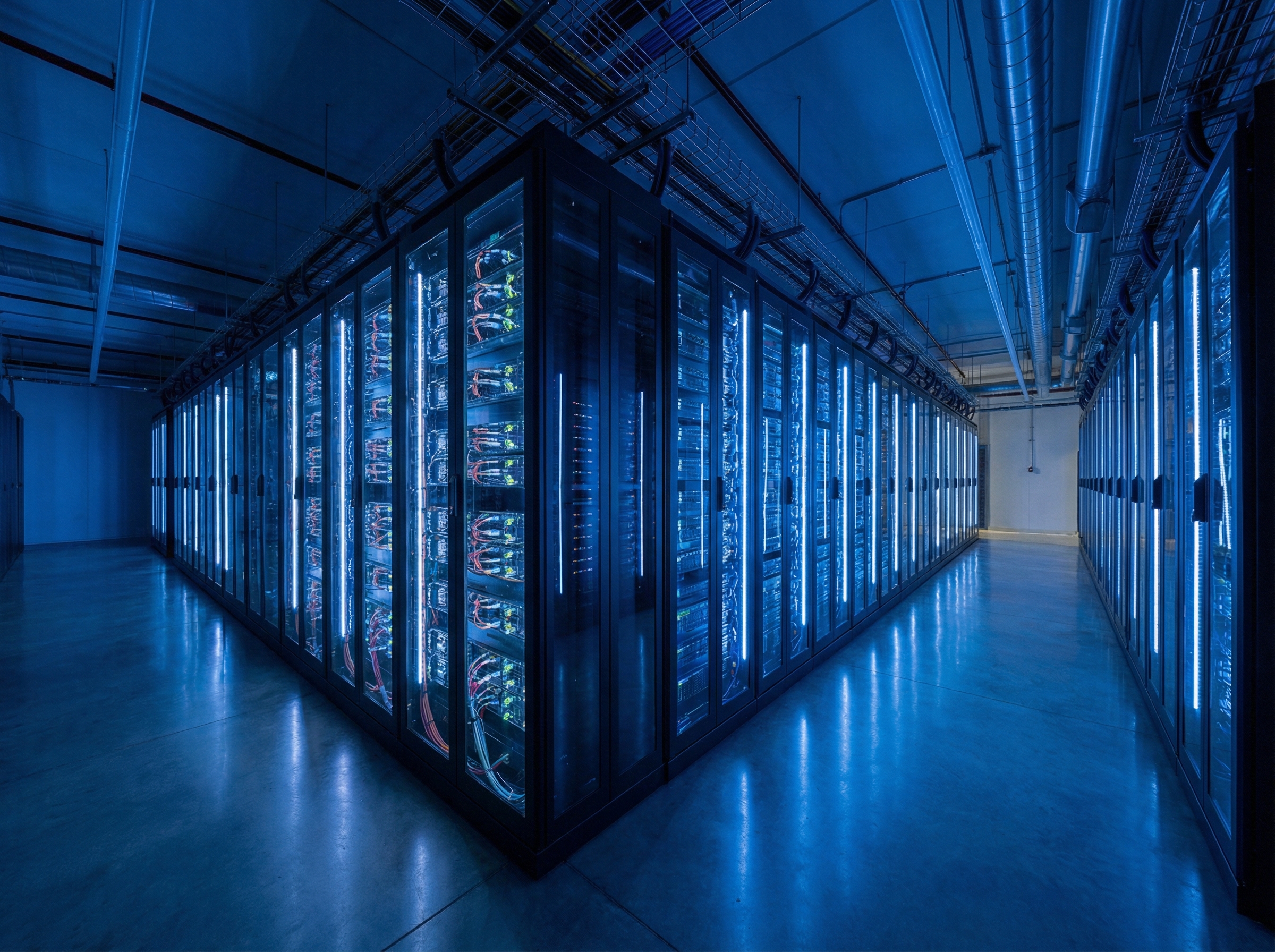 A massive, glowing high-performance computing data center filled with server racks, blue led lights, futuristic atmosphere, clean and professional photography, 4:3 aspect ratio, no text.
