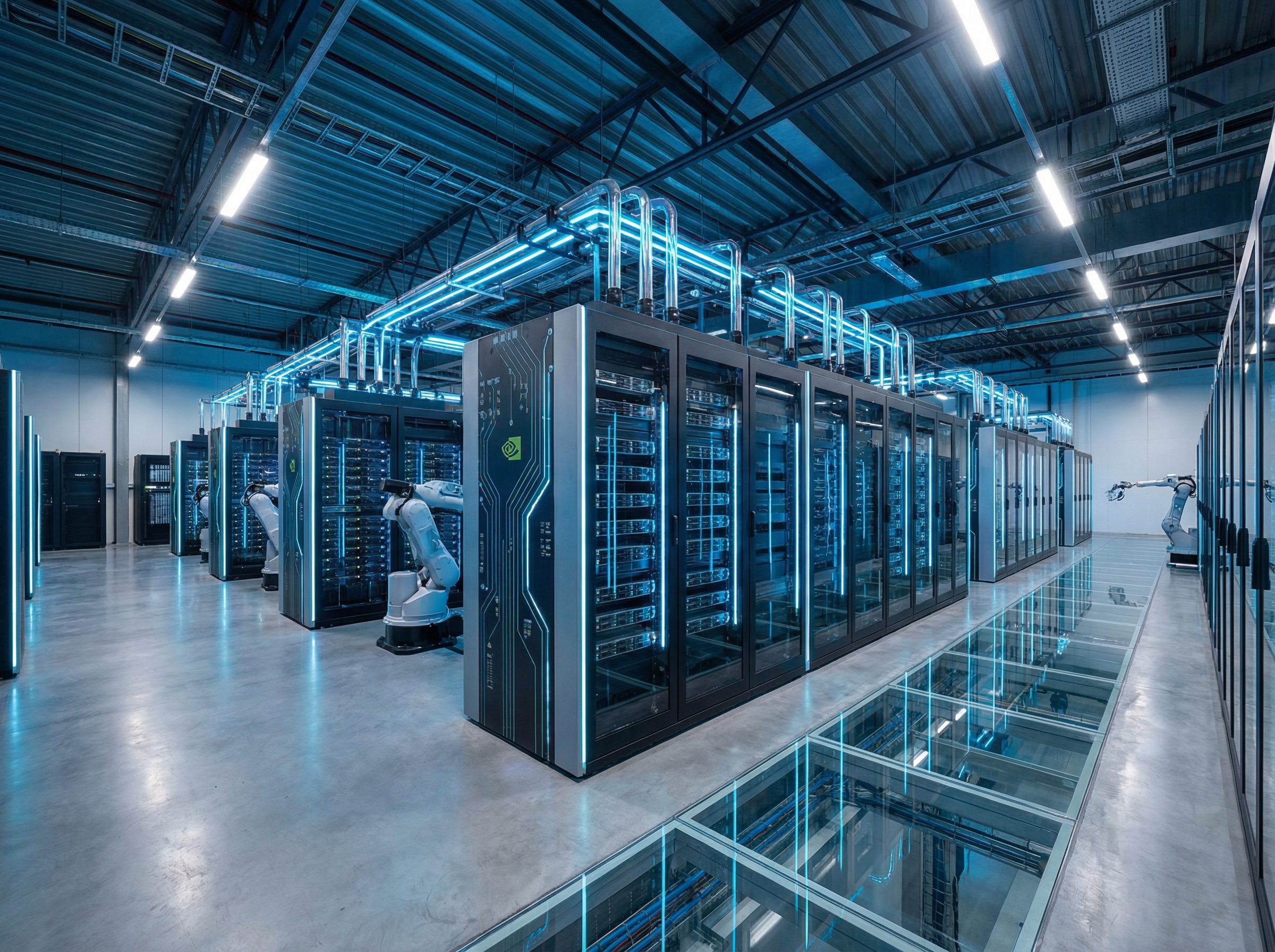 A modern, futuristic data center interior with rows of glowing server racks integrated with the Nvidia Vera Rubin architecture. The lighting is sleek with neon blue accents, showing high-performance computing infrastructure in a clean, professional environment. Realistic photography style, wide angle, 4:3 aspect ratio, no text.