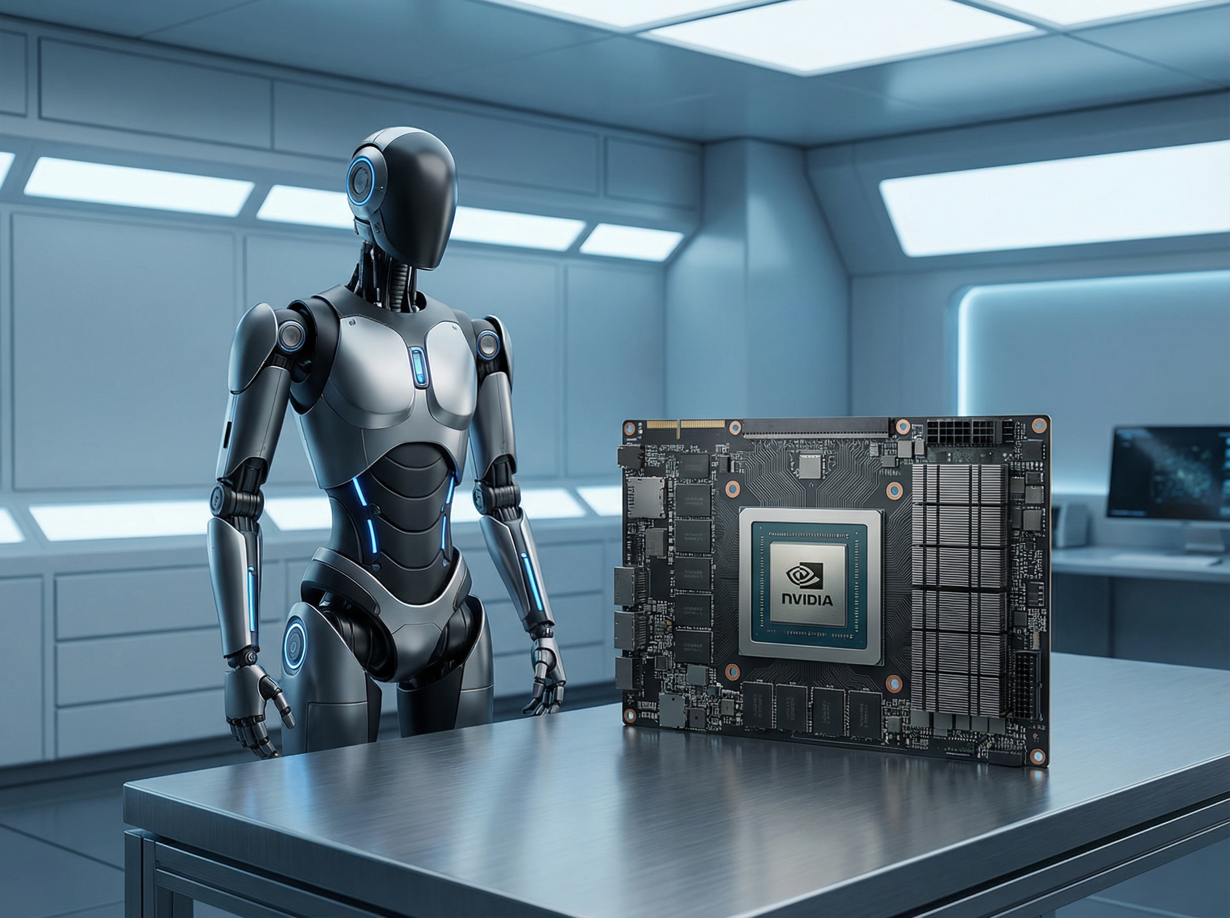 Modern sleek humanoid robot standing next to an Nvidia Blackwell processor, clean high-tech laboratory background, cinematic lighting, 4:3 aspect ratio, no visible text