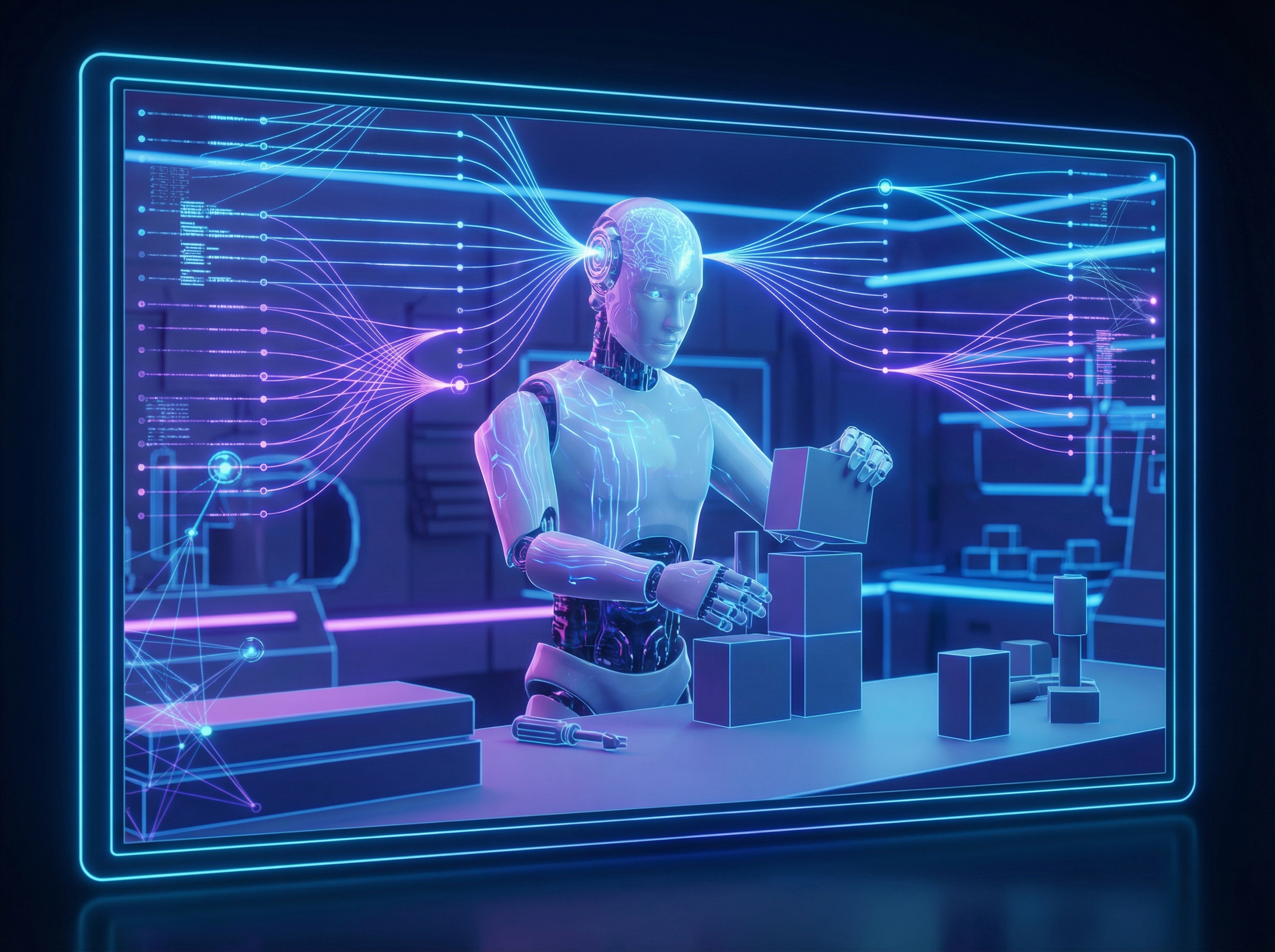 A digital twin interface showing a humanoid robot learning tasks in a 3D virtual simulation environment, neon neural network lines connecting to the robot, vibrant blue and purple tones, 4:3 aspect ratio, no text