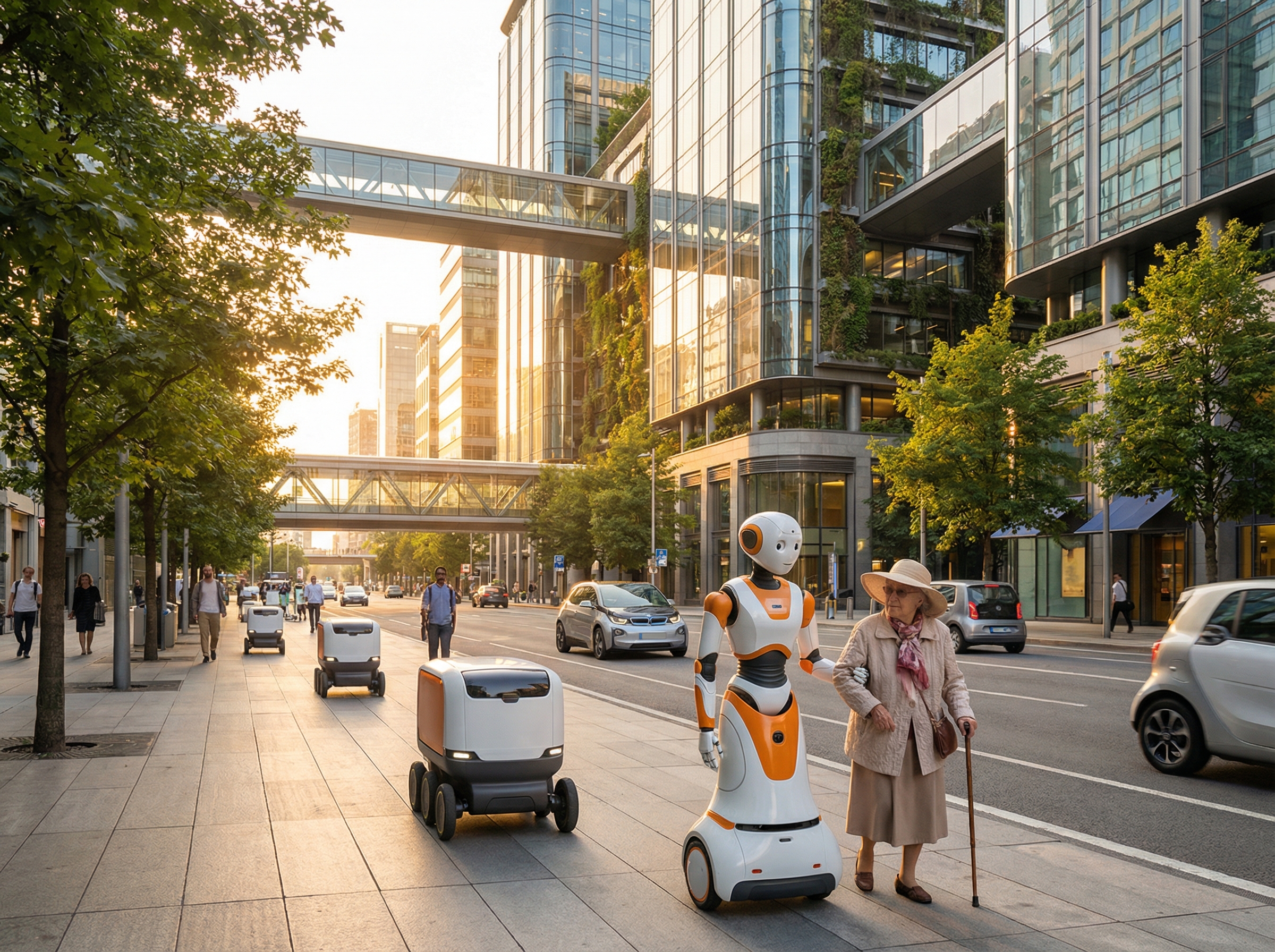 Futuristic cityscape with small delivery robots on the sidewalk and a service robot helping an elderly person, warm natural sunlight, realistic architectural style, 4:3 aspect ratio, no text