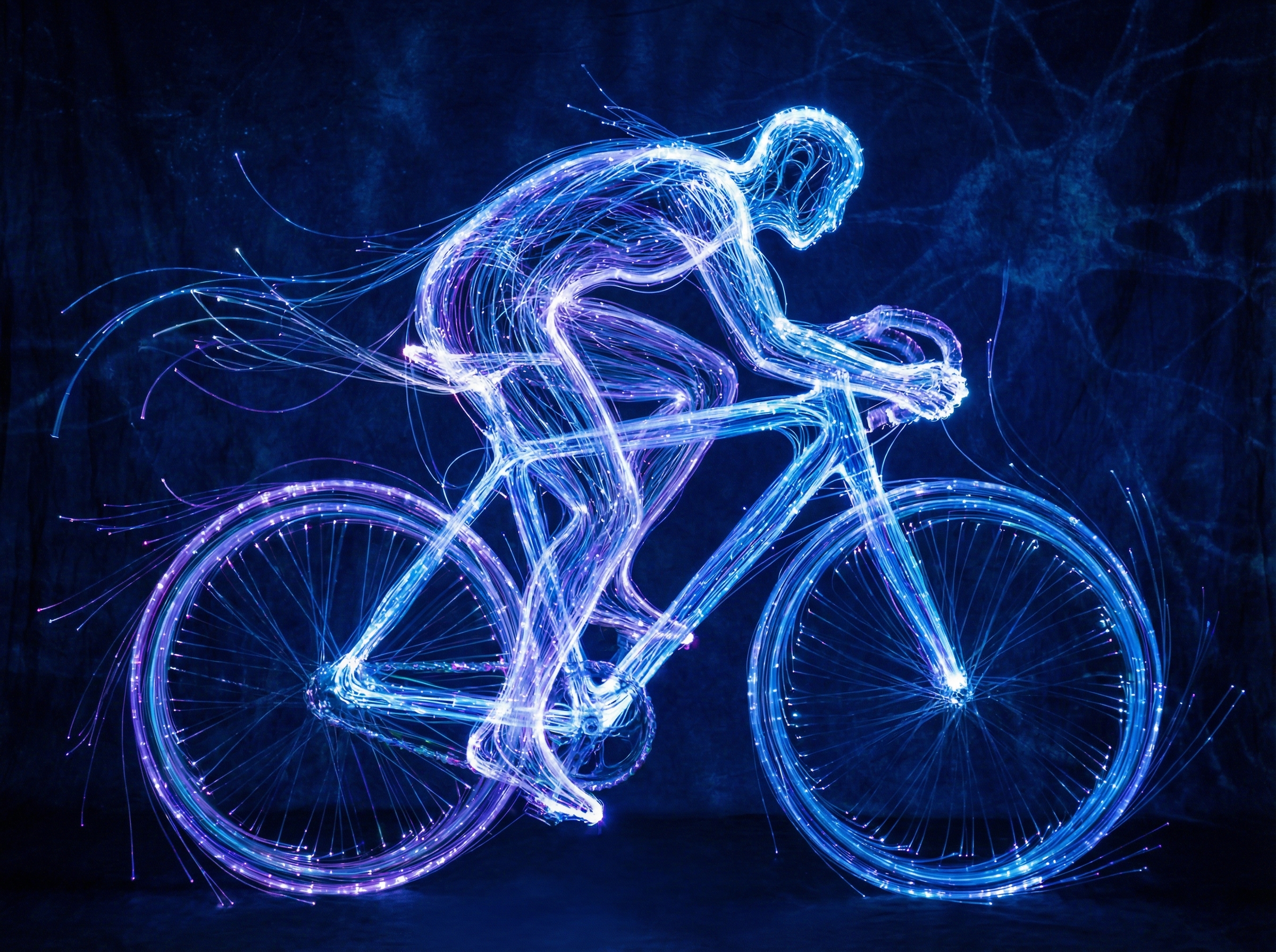 A conceptual artistic rendering of a bicycle made of glowing light fibers symbolizing mental speed and efficiency, dark blue background, no text, 4:3