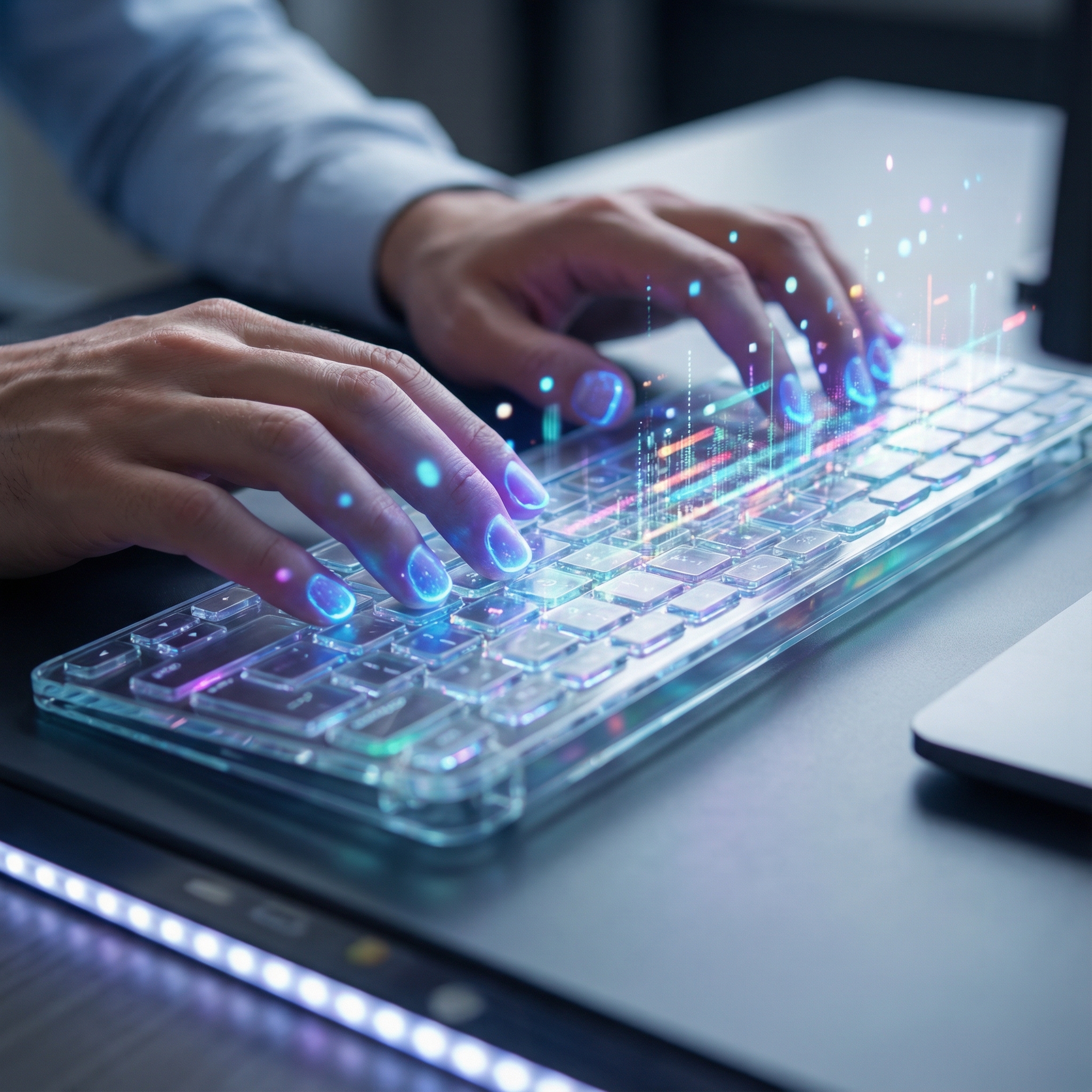 Close up of human hands typing on a transparent glass keyboard with floating digital data particles, vibrant colors, modern layout, no text, 1:1