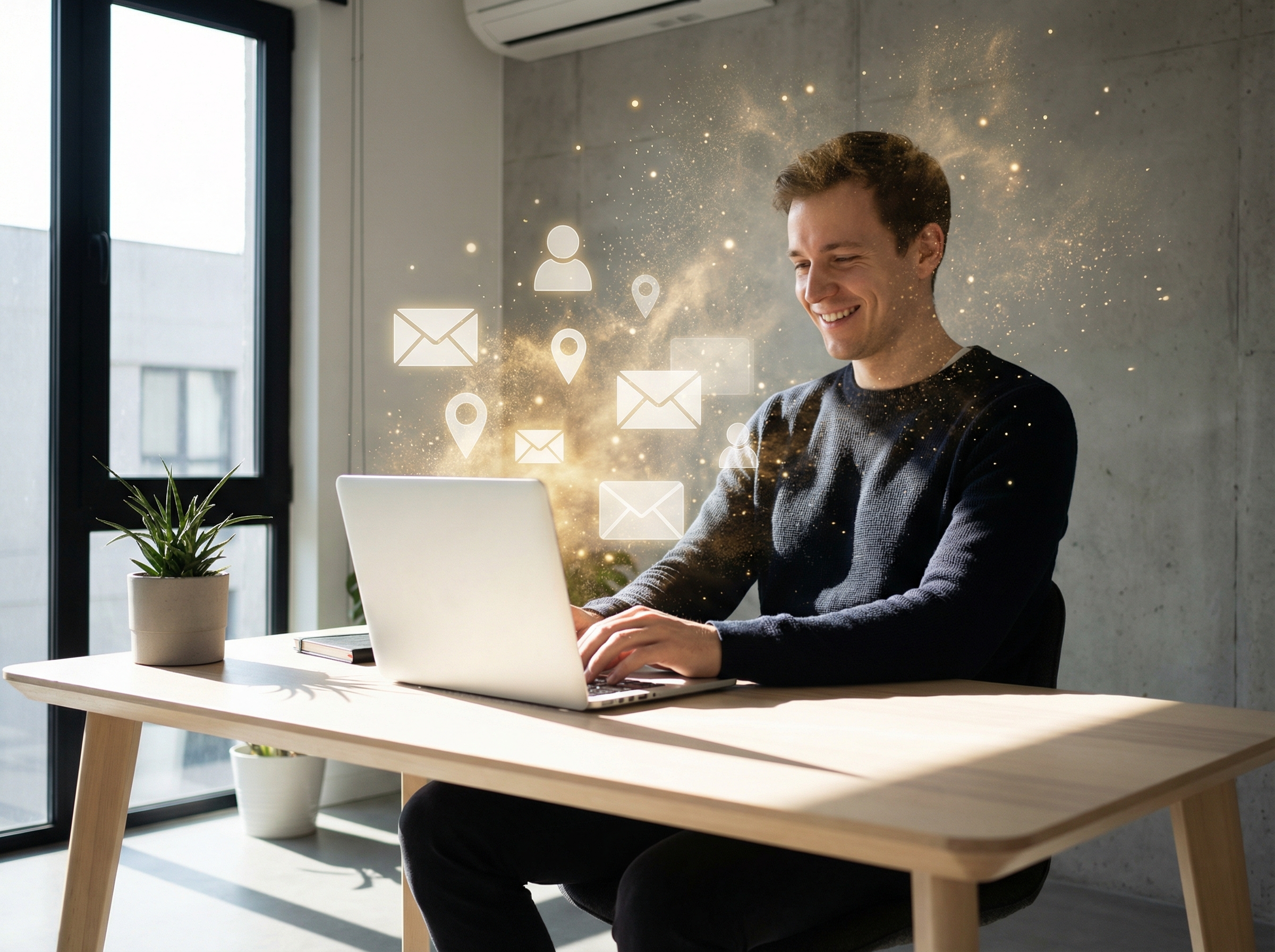 A person sitting at a modern desk with a laptop, looking relieved as various digital data icons like email envelopes, location pins, and profile silhouettes fade away into light particles, clean aesthetic, high contrast, 4:3