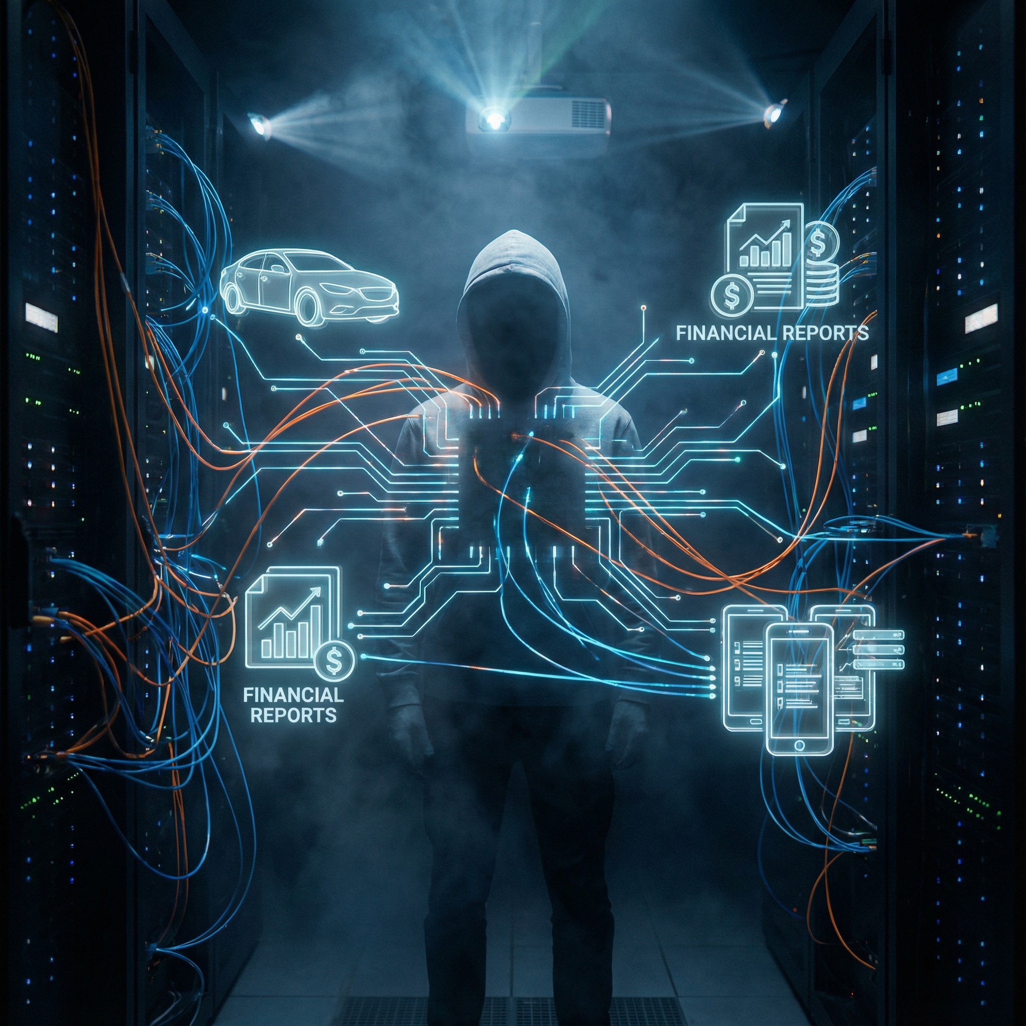 A complex web of digital connections connecting a central human silhouette to various icons representing cars, financial reports, and smartphones, representing data harvesting, cinematic lighting, 1:1