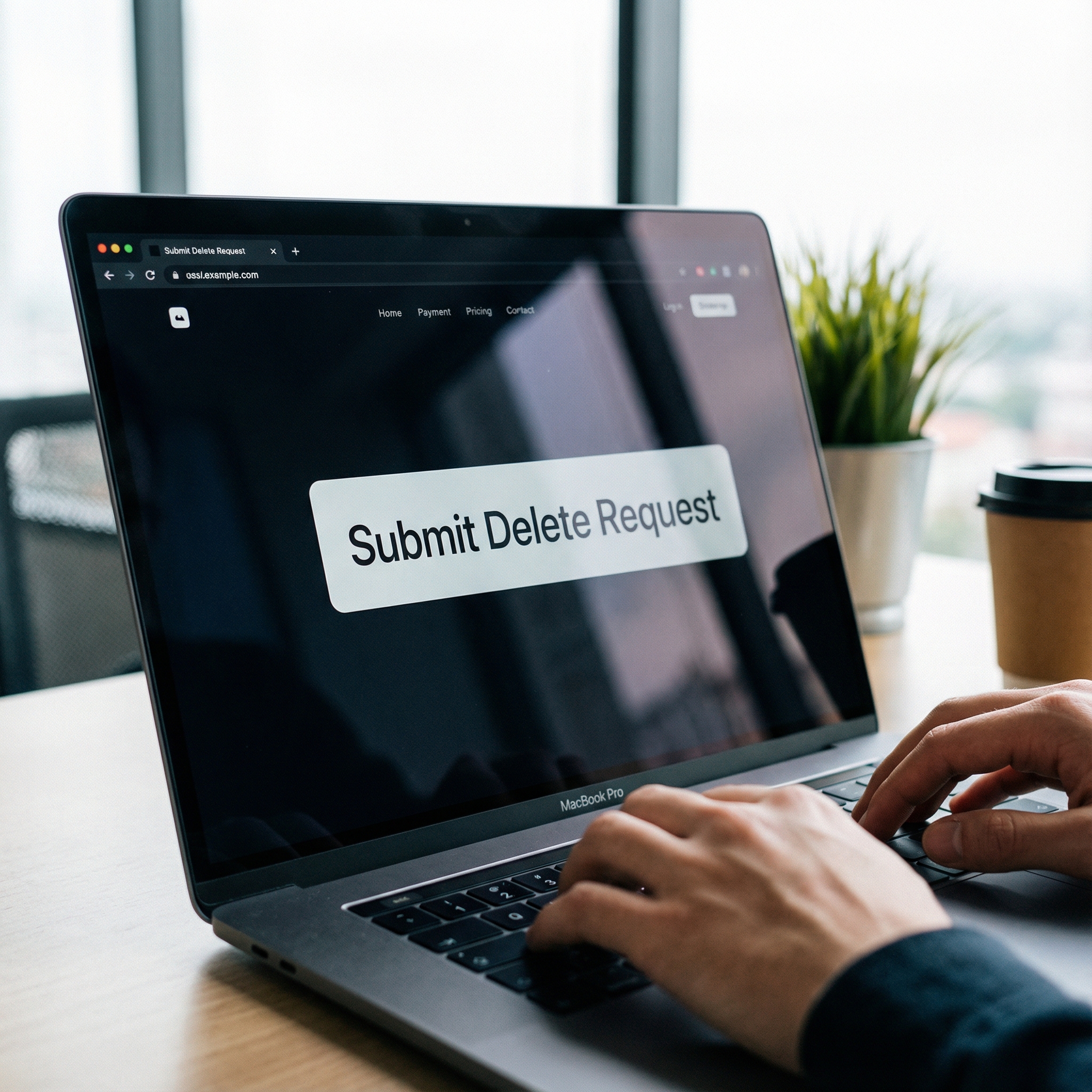 Close up of a sleek, modern website interface on a laptop screen with a large 'Submit Delete Request' button, hands typing on a keyboard, natural office lighting, 1:1