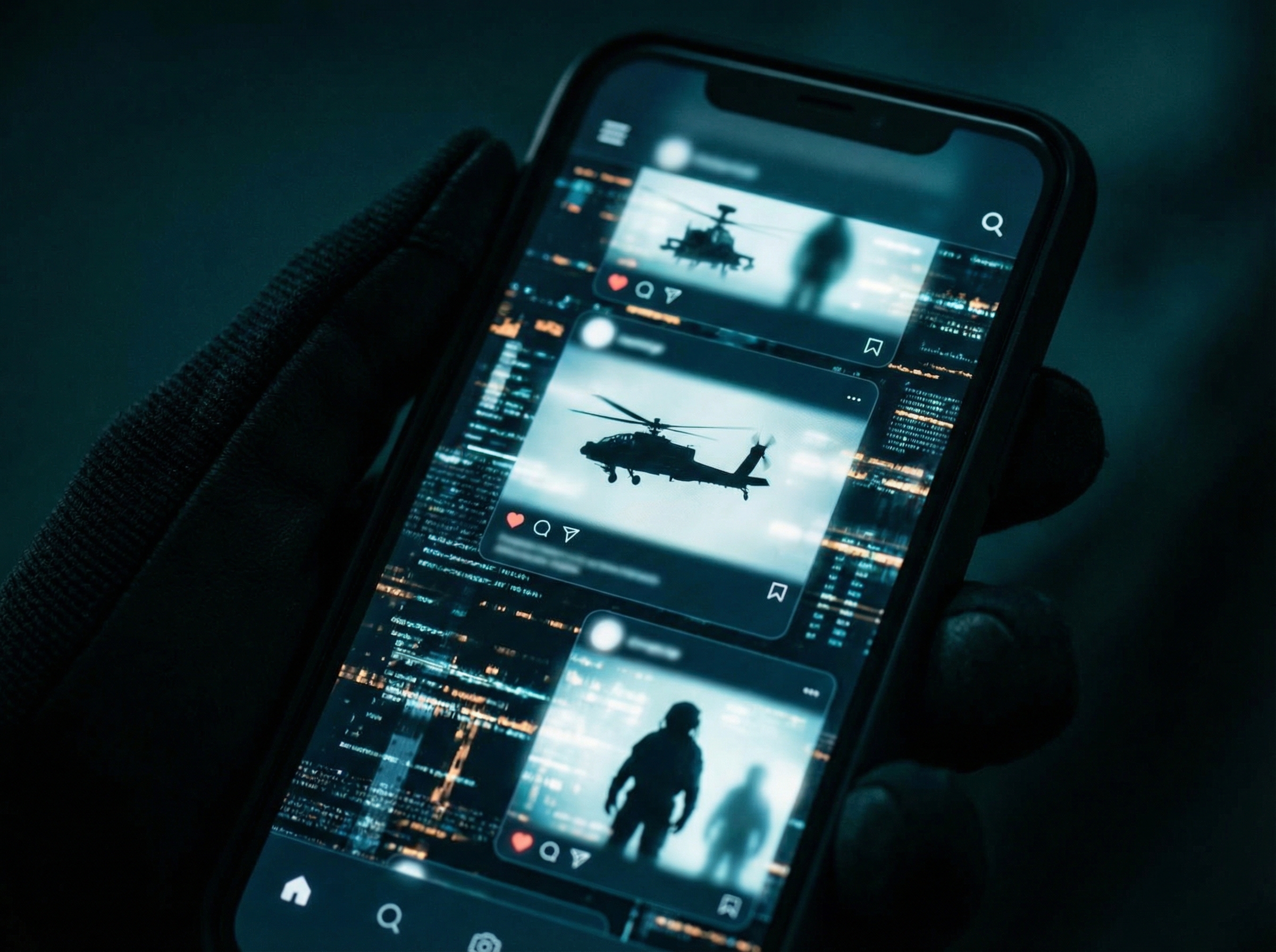 A cinematic and dramatic social media feed layout on a smartphone screen showing various blurred images of military helicopters and political figures, dark background with glowing digital artifacts, 4:3 aspect ratio, no visible text