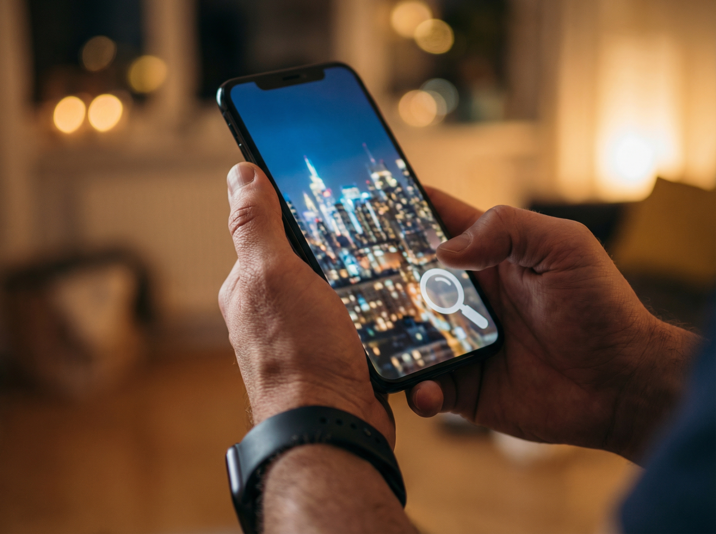 Close up of a person's hands holding a modern smartphone, the screen shows a photo of a city at night with a magnifying glass icon overlay, warm indoor lighting, professional photography style, 4:3 aspect ratio, no text