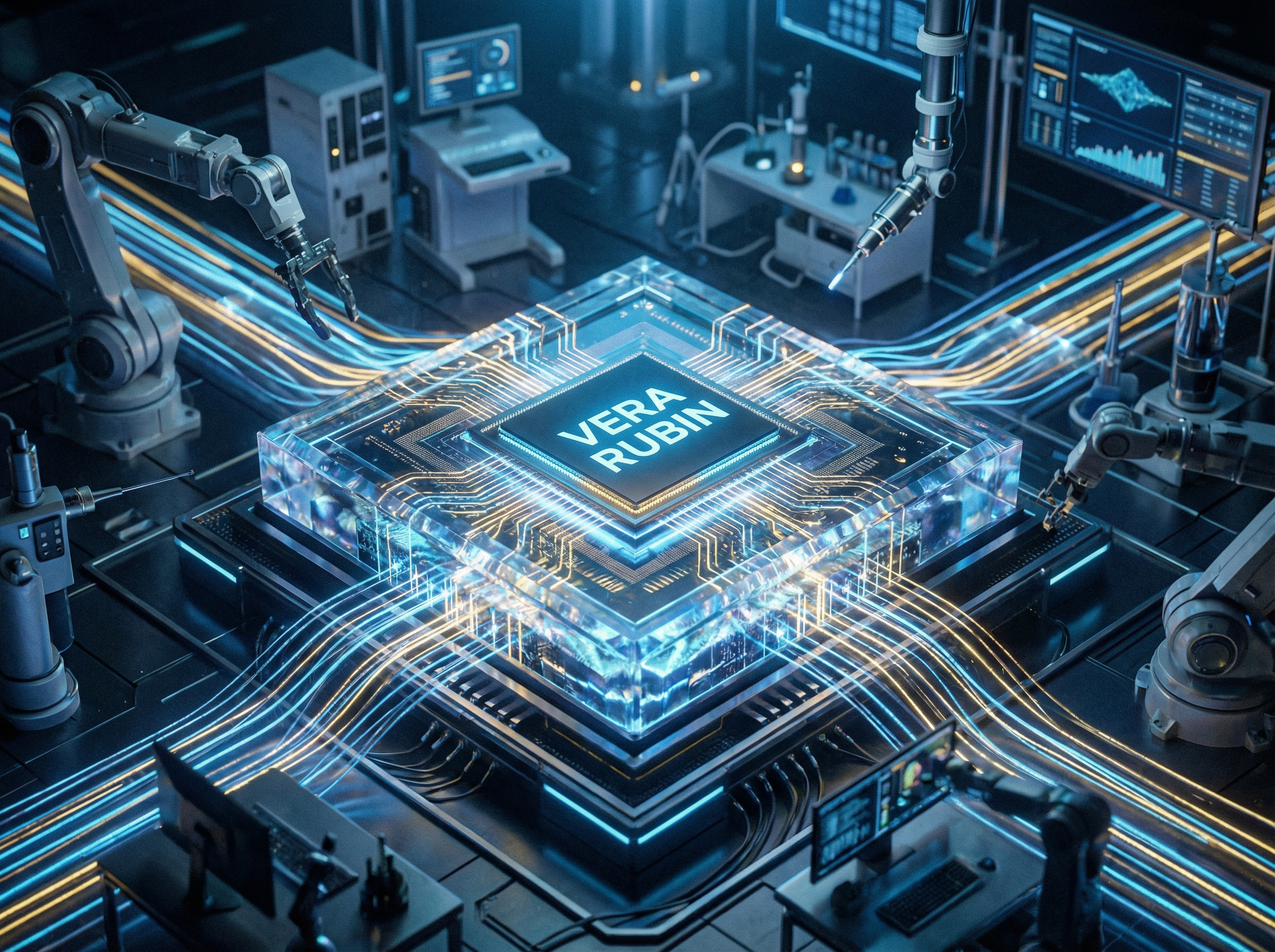 A futuristic AI semiconductor chip named Vera Rubin with glowing blue and gold circuits, intricate micro-patterns, high-tech laboratory setting, cinematic lighting, macro shot, aspect ratio 4:3, no text