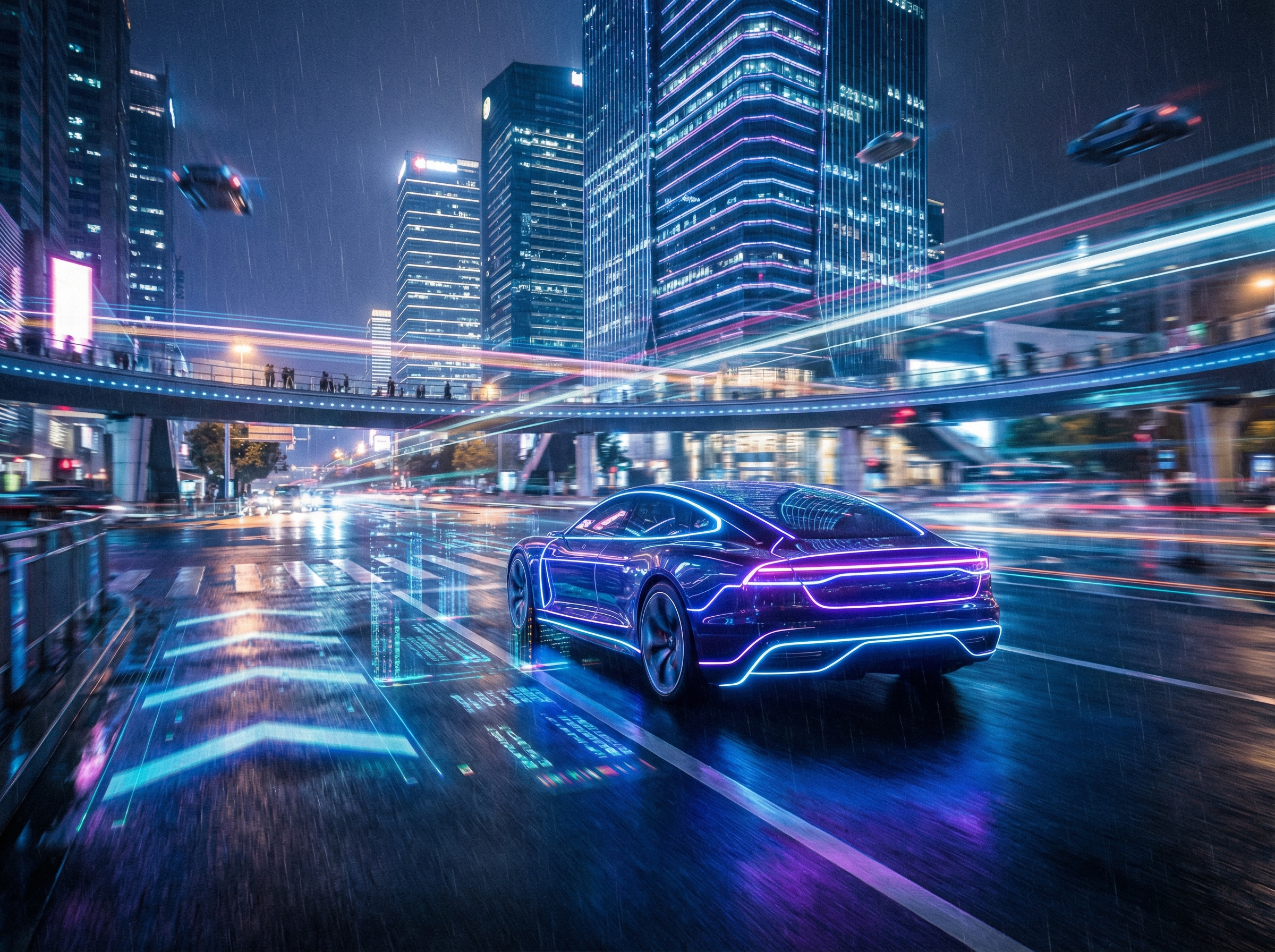A sleek autonomous car driving through a modern smart city at night, glowing neon highlights, digital data overlays on the road, high shutter speed, cinematic atmosphere, aspect ratio 4:3, no text