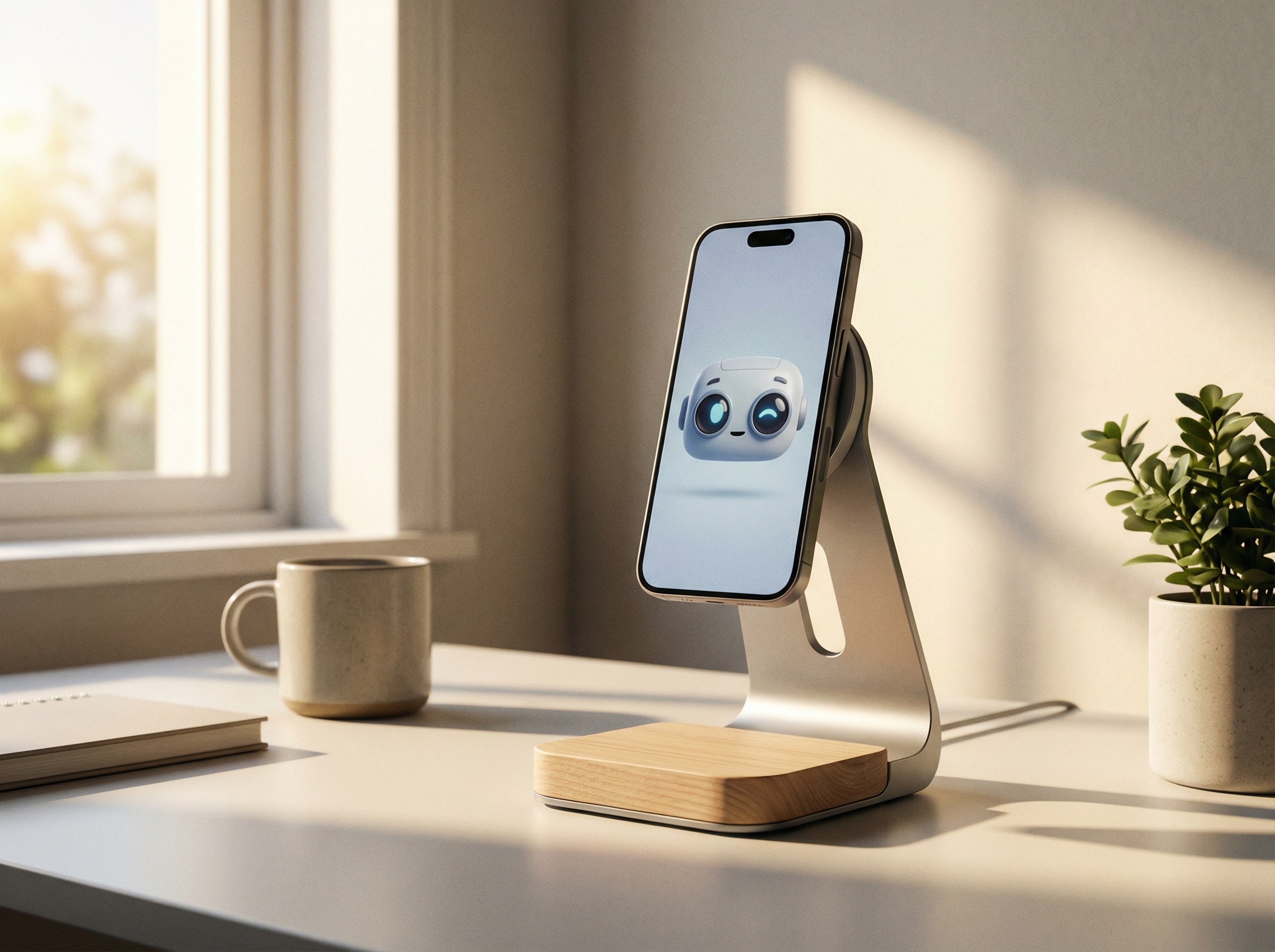 A sleek and modern desktop charger stand with an iPhone attached to a MagSafe pad, the iPhone screen displaying cute animated robot eyes, minimalist desk setup, soft morning sunlight, 4:3, no visible text