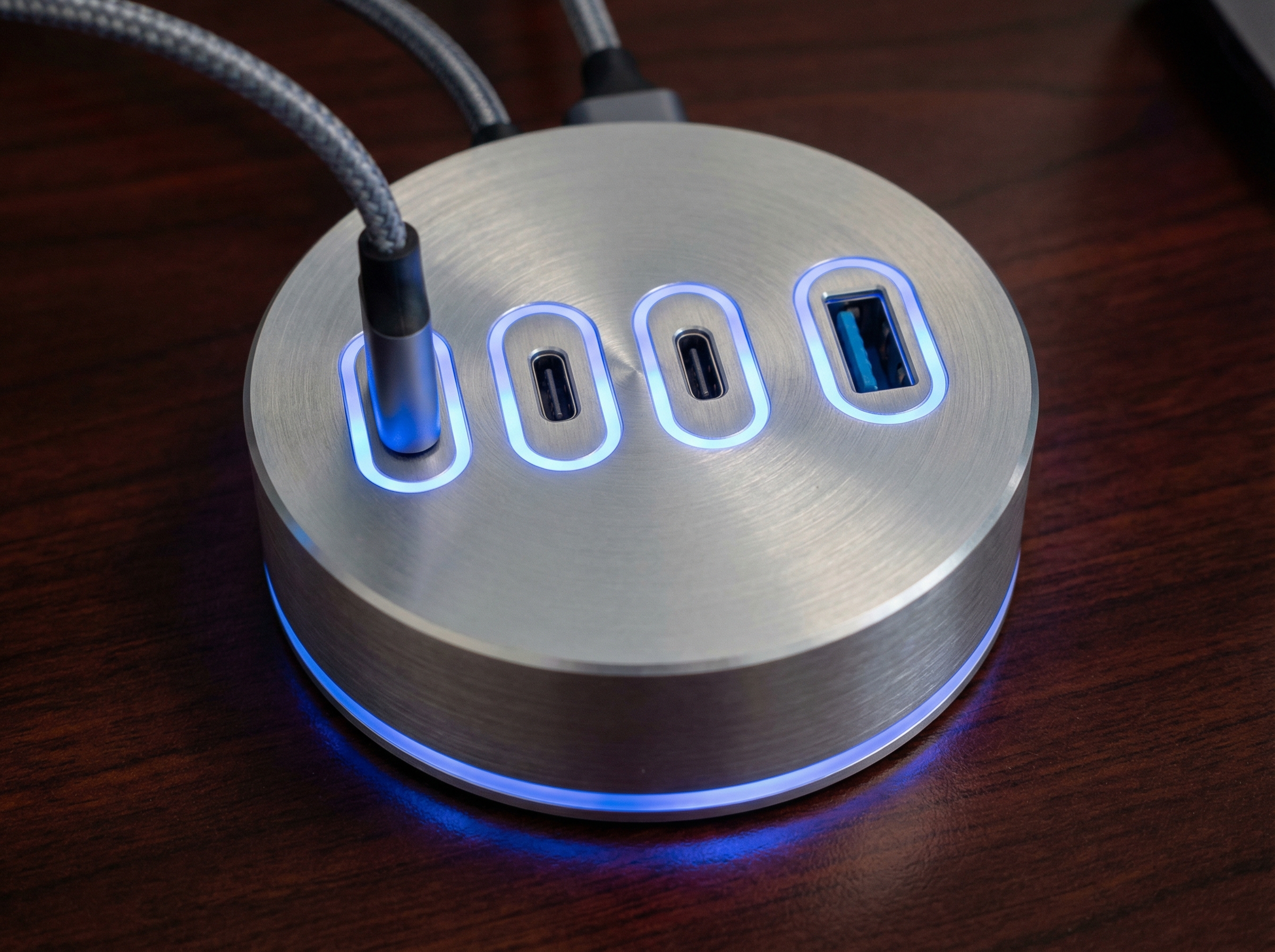 Close up shot of a high-tech desktop charging hub with three USB-C ports and one USB-A port, premium metallic finish, blue ambient lighting, detailed texture, 4:3, no visible text