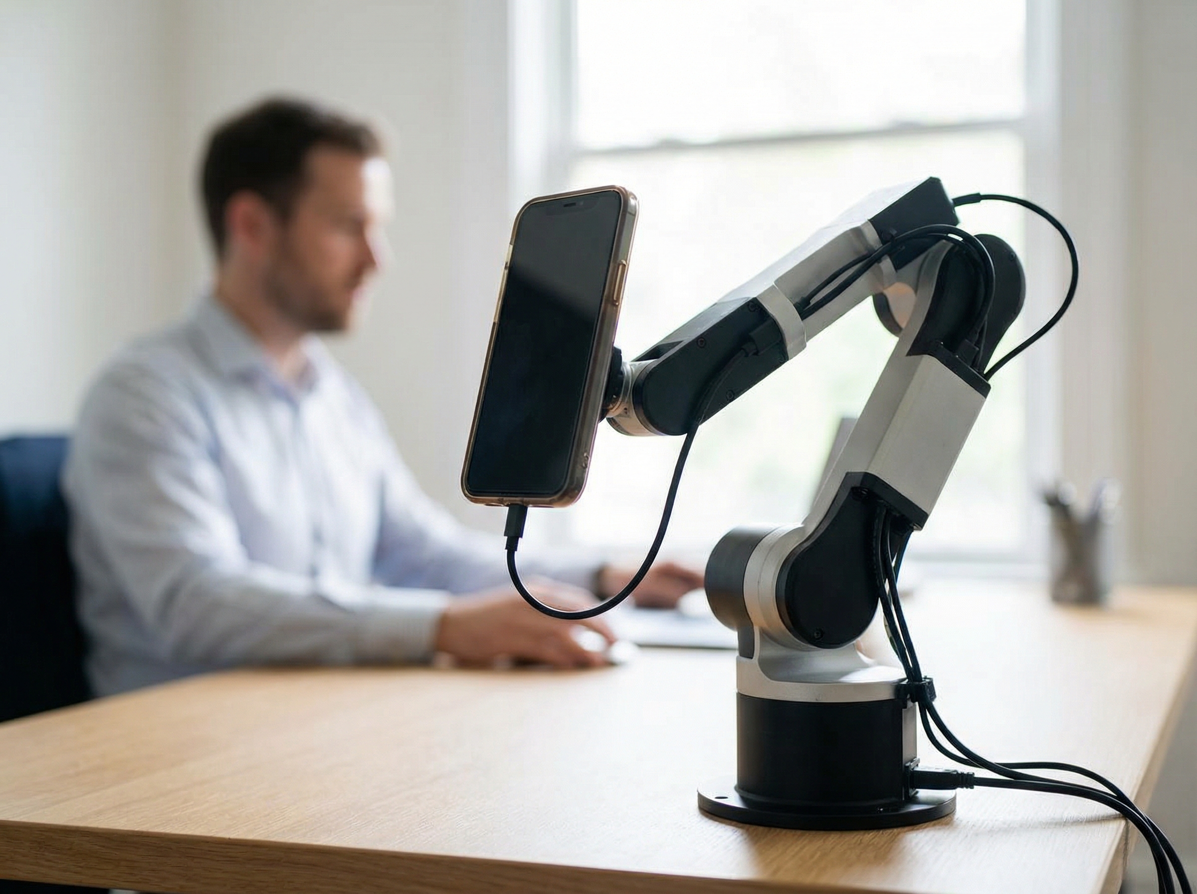 An iPhone on a robotic stand tilting and panning to follow a person working at a desk, professional office environment, focus on the robotic movement, 4:3, no visible text