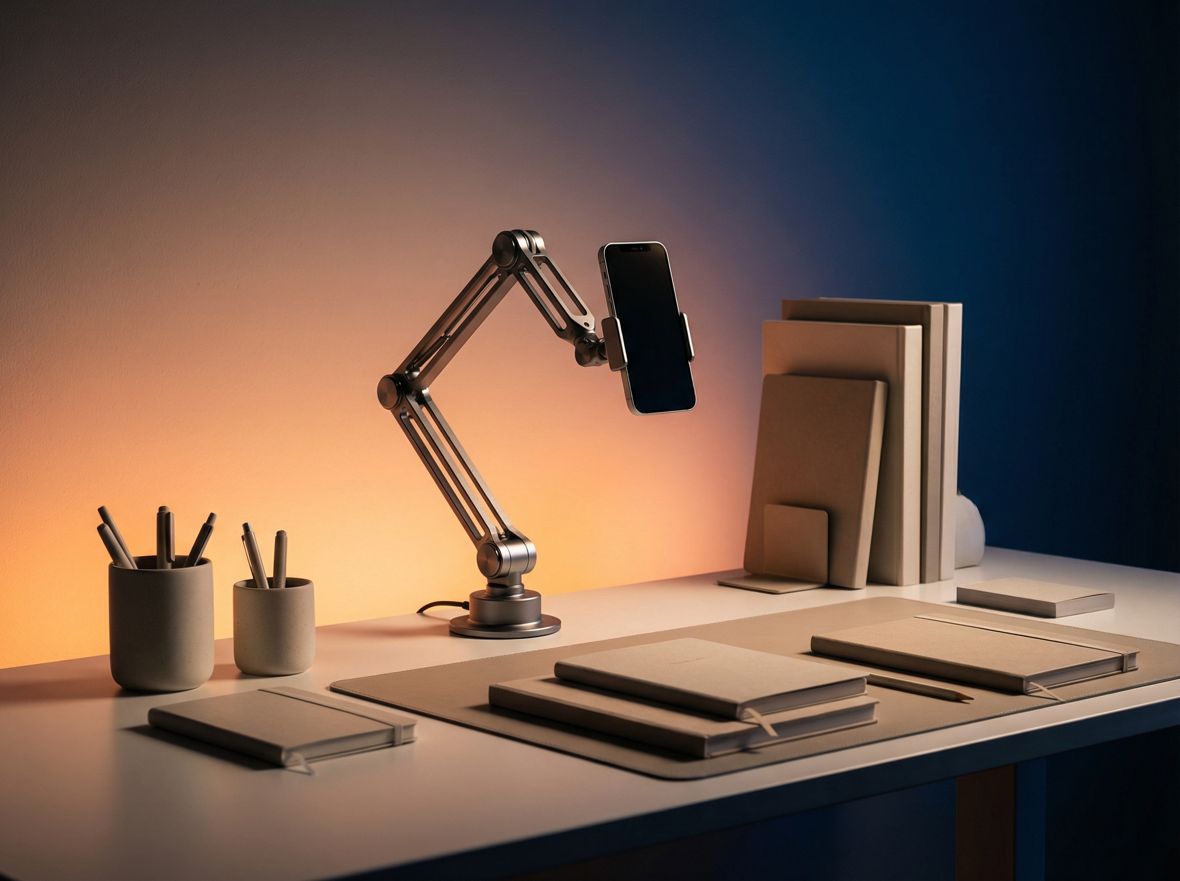 A clean and organized workspace featuring the robotic iPhone stand, aesthetic stationery, soft gradient background, high contrast cinematic lighting, 4:3, no visible text
