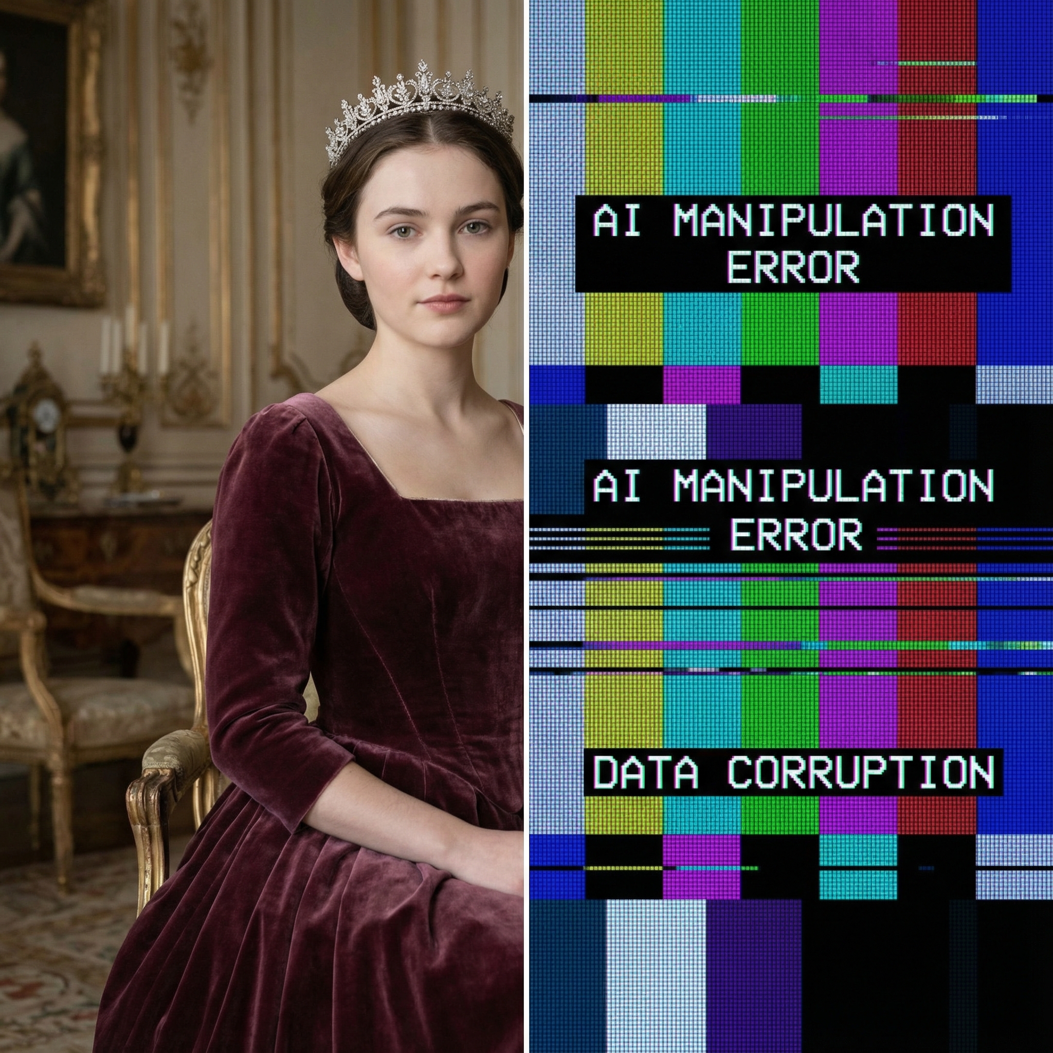 A realistic split screen showing a portrait of a royal princess on one side and a distorted digital glitch effect on the other side symbolizing AI manipulation, soft lighting, professional photography style, 1:1