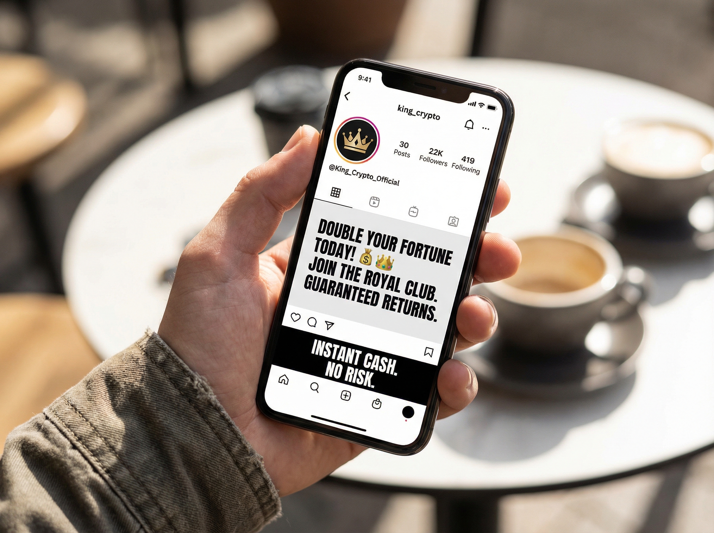 Close up shot of a hand holding a modern smartphone displaying a social media profile with a royal crown icon and fake monetary promises, high resolution, lifestyle photography, 4:3