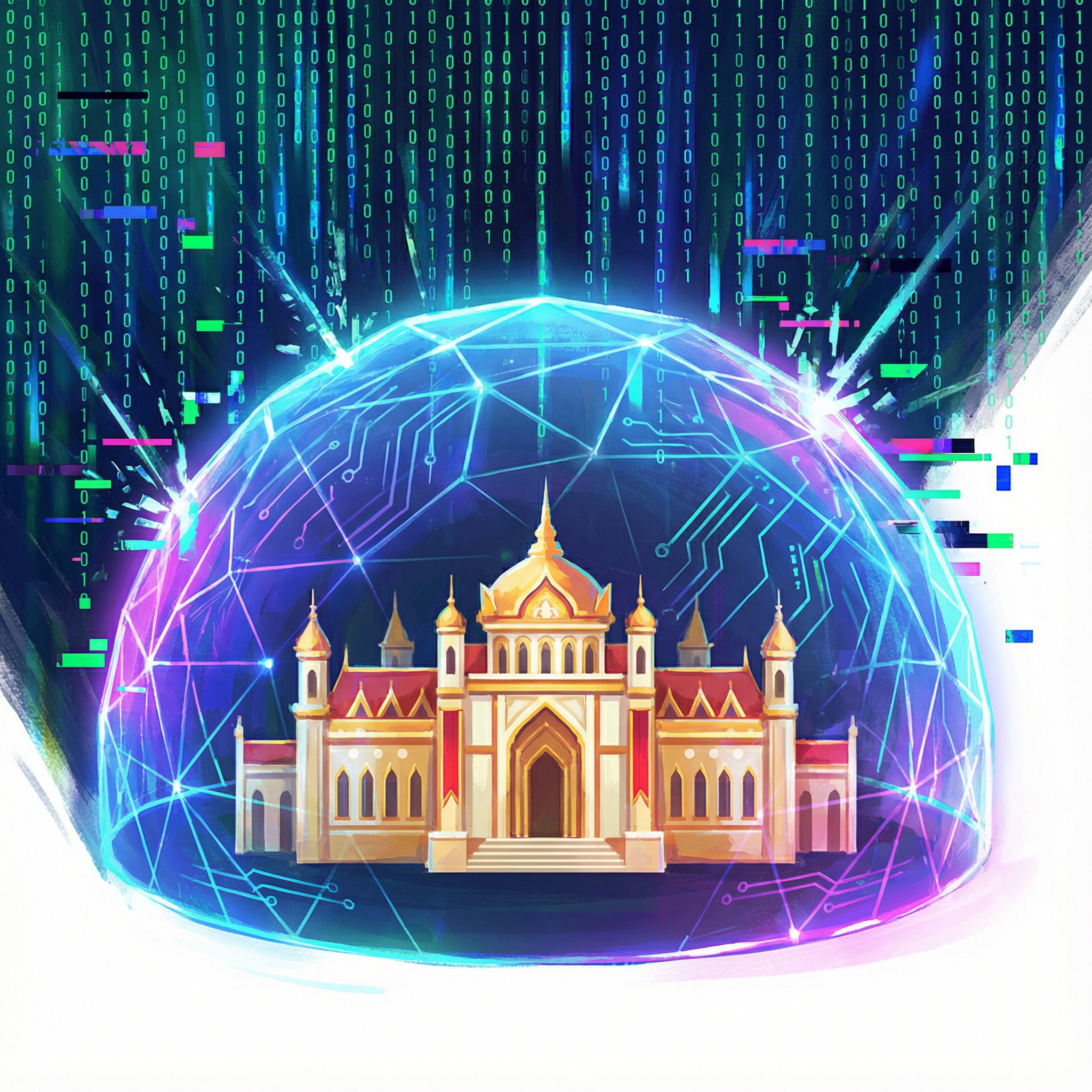 An artistic conceptual illustration of a digital shield protecting a royal palace from falling binary codes and glitchy overlays, vibrant colors, clean composition, 1:1