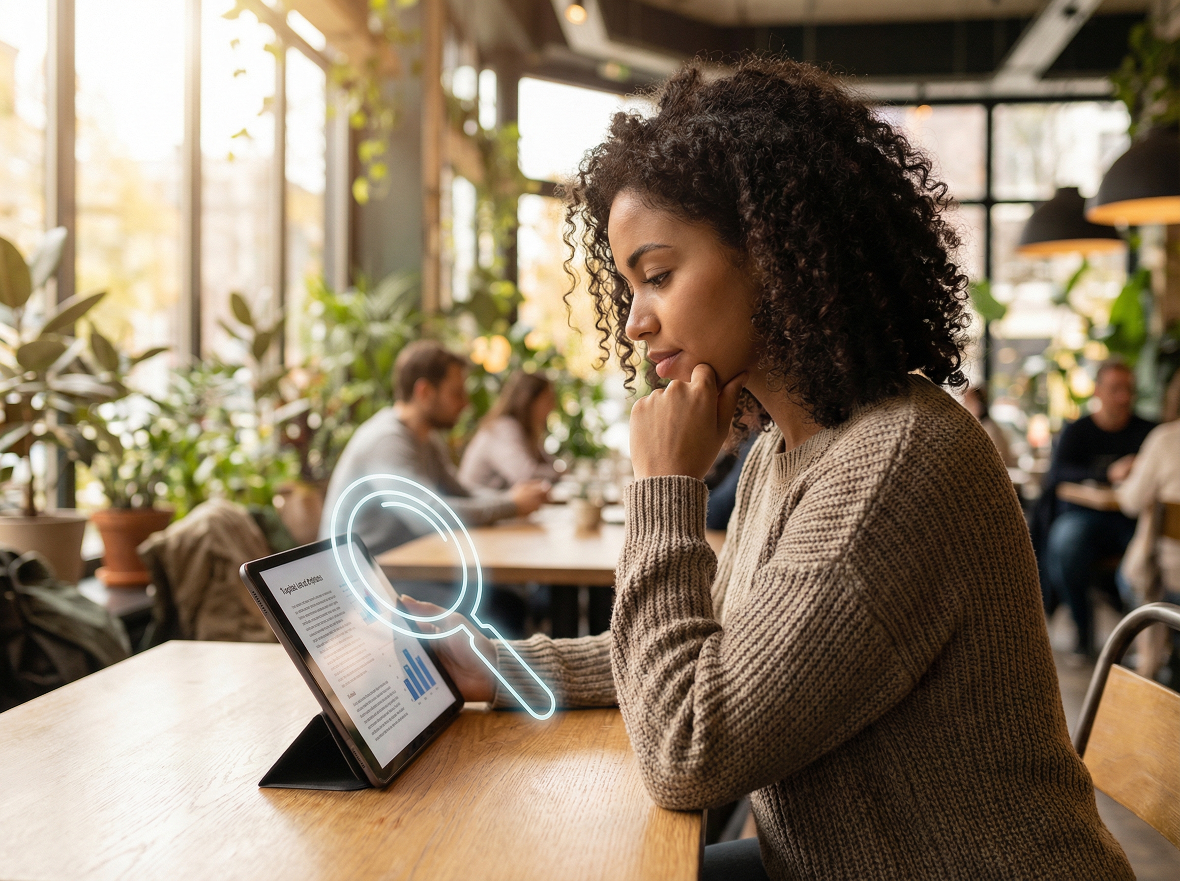 A young woman looking thoughtfully at her tablet screen in a bright modern cafe, magnifying glass icon overlaid subtly, realistic and warm atmosphere, 4:3