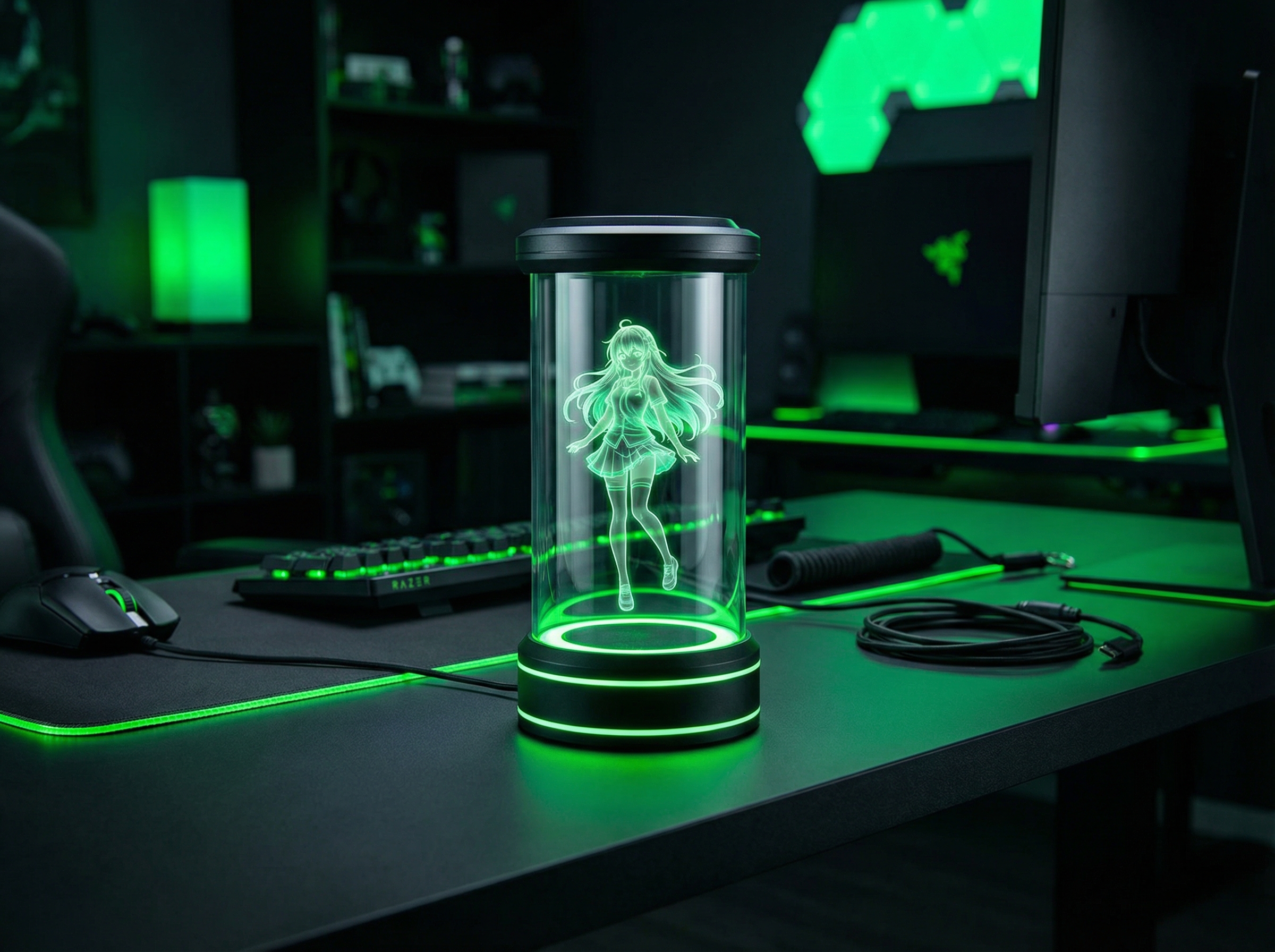 A futuristic 5.5-inch holographic capsule display on a modern gaming desk, showing a glowing anime girl character inside, Razer aesthetic with green neon lights, professional photography, high contrast, 4:3 aspect ratio, no text.
