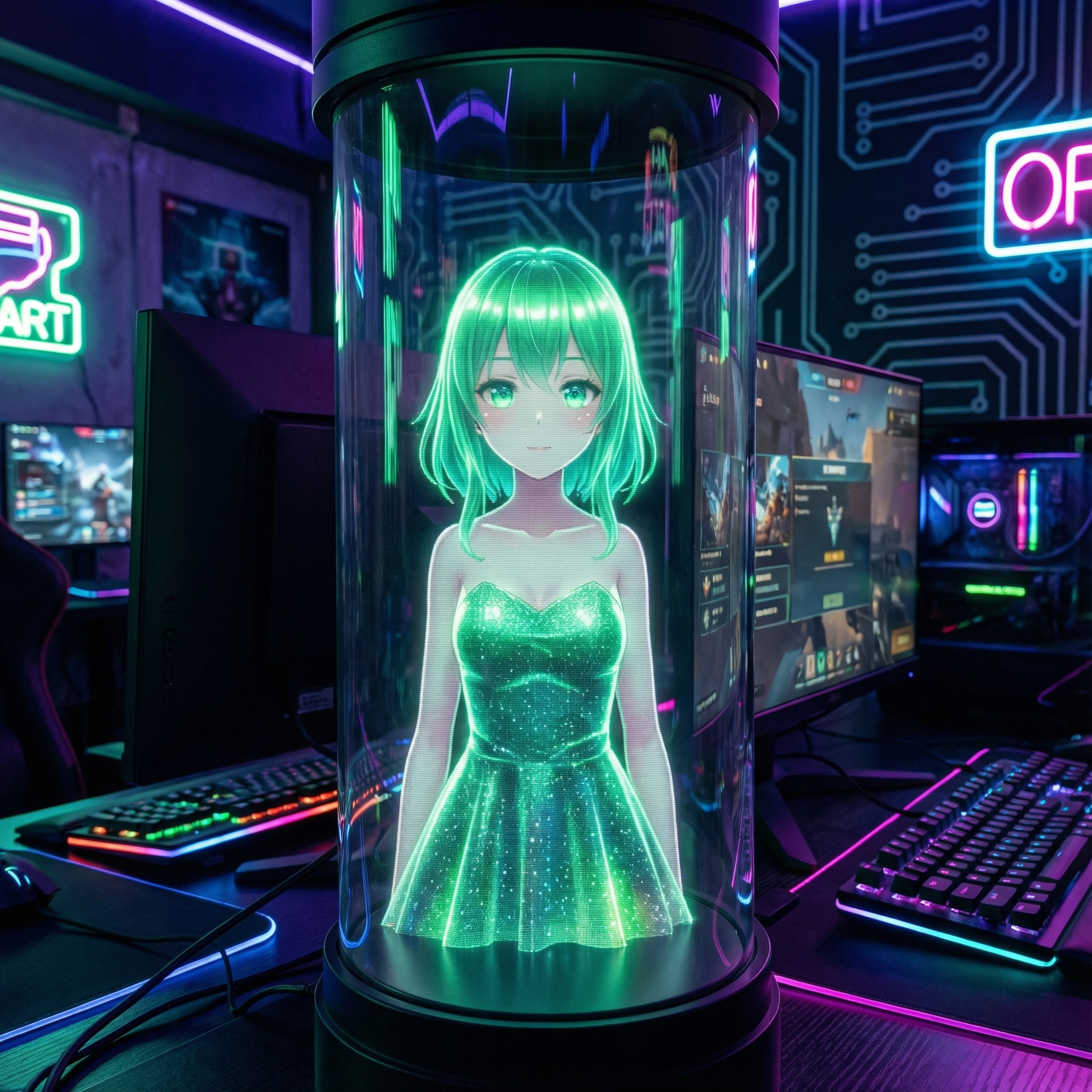 Close-up of a holographic anime girl character with green hair and dress, glowing softly inside a glass cylinder, eye-tracking movement, cyberpunk gaming room background, 1:1 aspect ratio, no text.