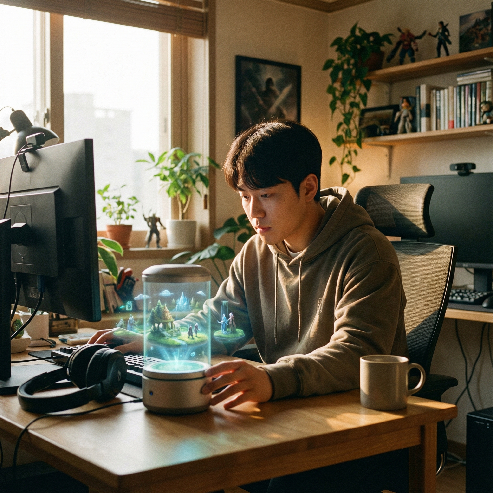 A Korean gamer sitting at a desk interacting with a small glowing holographic pod, natural warm lighting, lifestyle photography, focused expression, visually rich environment, 1:1 aspect ratio, no text.